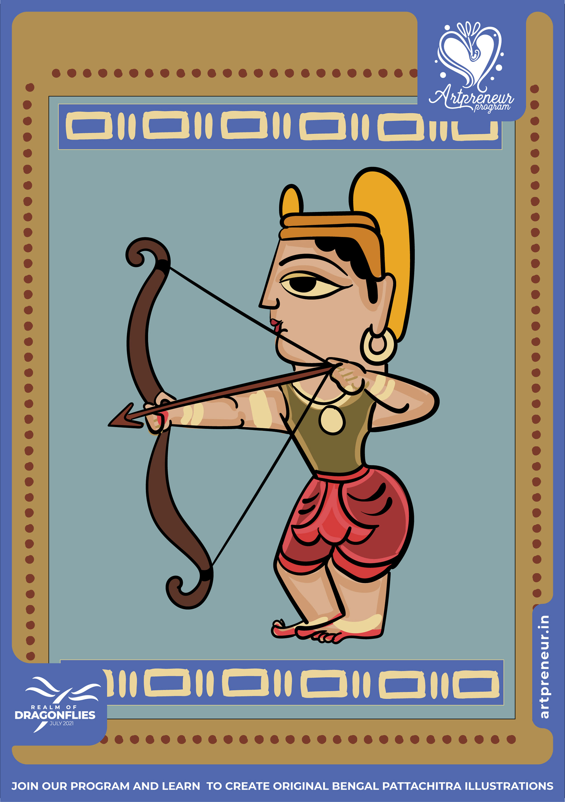 50 Bengal Pattachitra Indian folk illustrations: #26 Archer drawing a bow