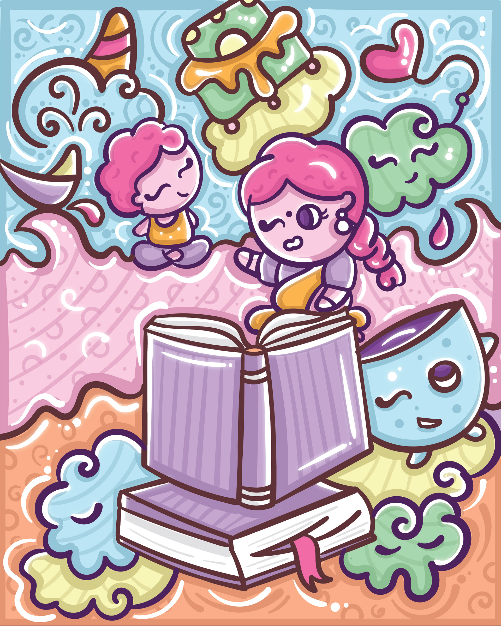 Kawaii gratitude series: pastel doodle of children reading giant books in the clouds