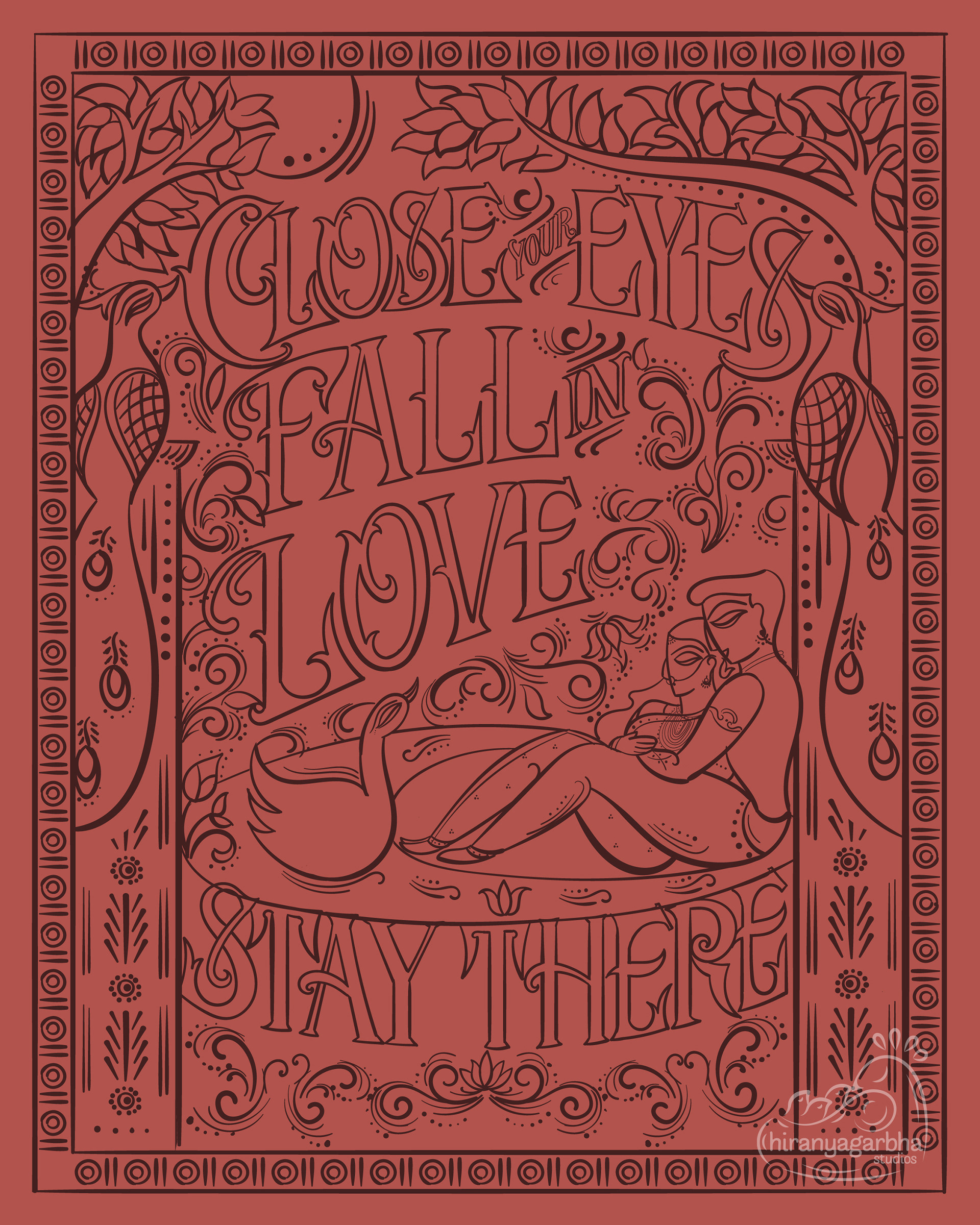 Rumi's love quote illustrative lettering: line art of the full lettering artwork