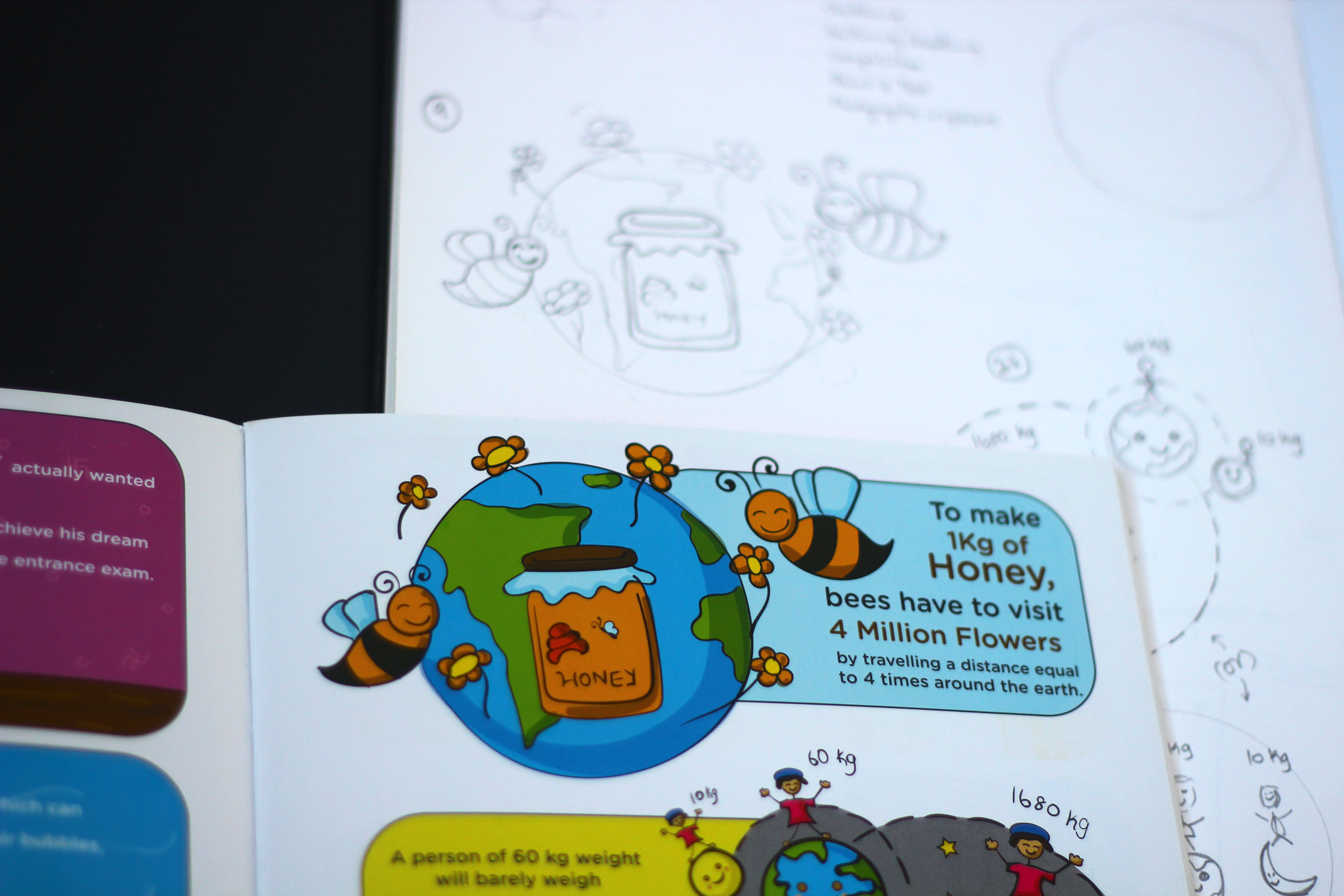 My Book of Facts, 100 amazing facts, pen to press: sketch and printed fact page side by side