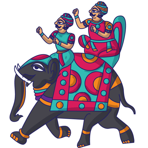 Kesar sweet shop space branding in Phad painting style: Phad character: two riders on a decorated elephant