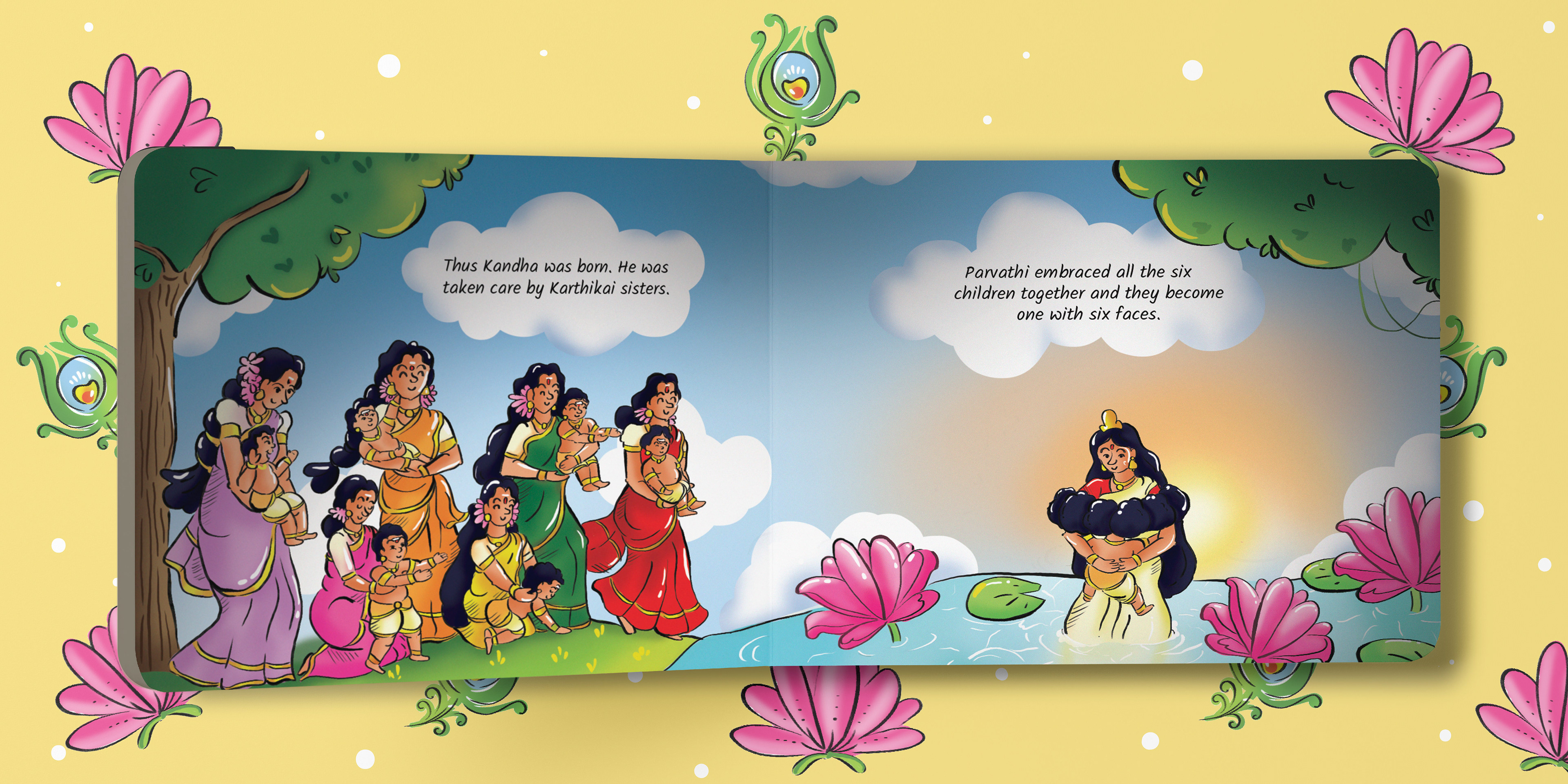 Kandha children's mythological story book on Lord Murugan: spread of six mothers with baby Murugan