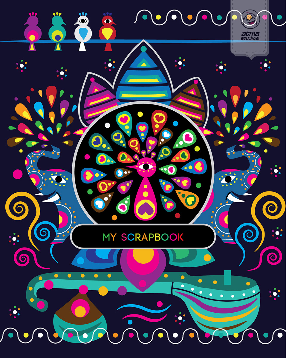 50 notebook cover illustrations: My Scrapbook cover with a peacock motif on navy
