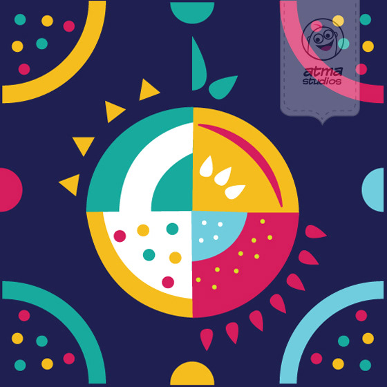 Bedding pattern design: sun and fruit circle motif on navy