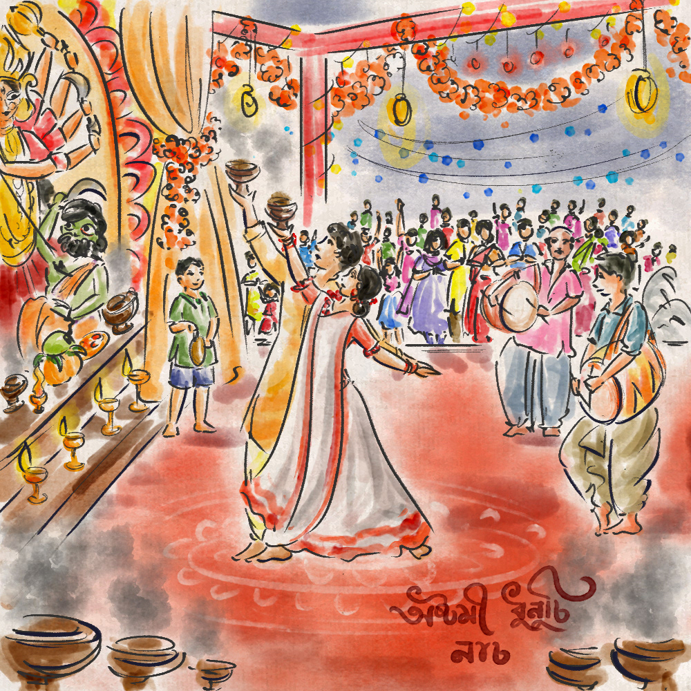 Durga Puja in watercolour: #4 Dhunuchi dance in the pandal