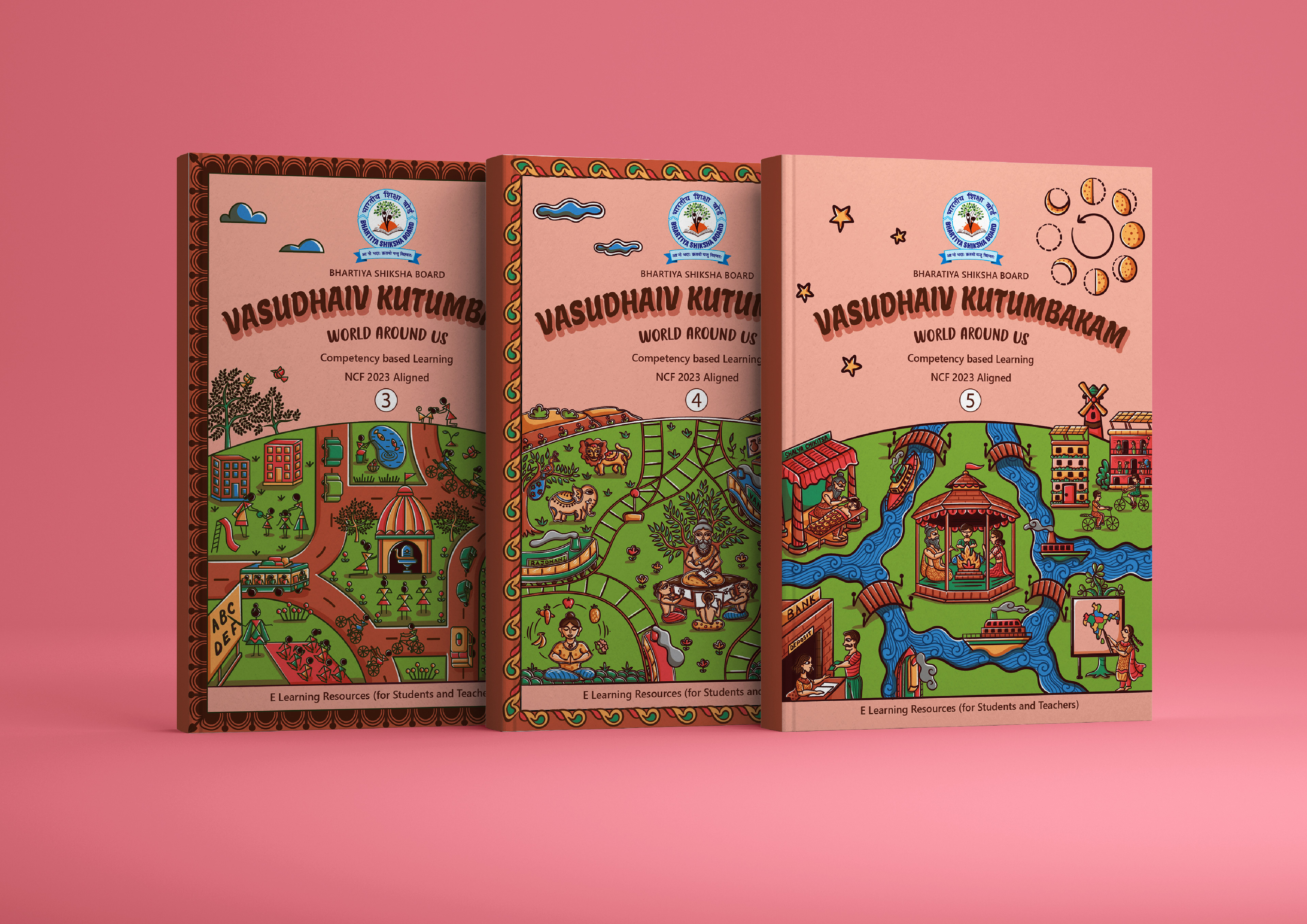 Bhartiya Shiksha Board textbook covers in Indian folk art: three environmental studies textbook covers on pink
