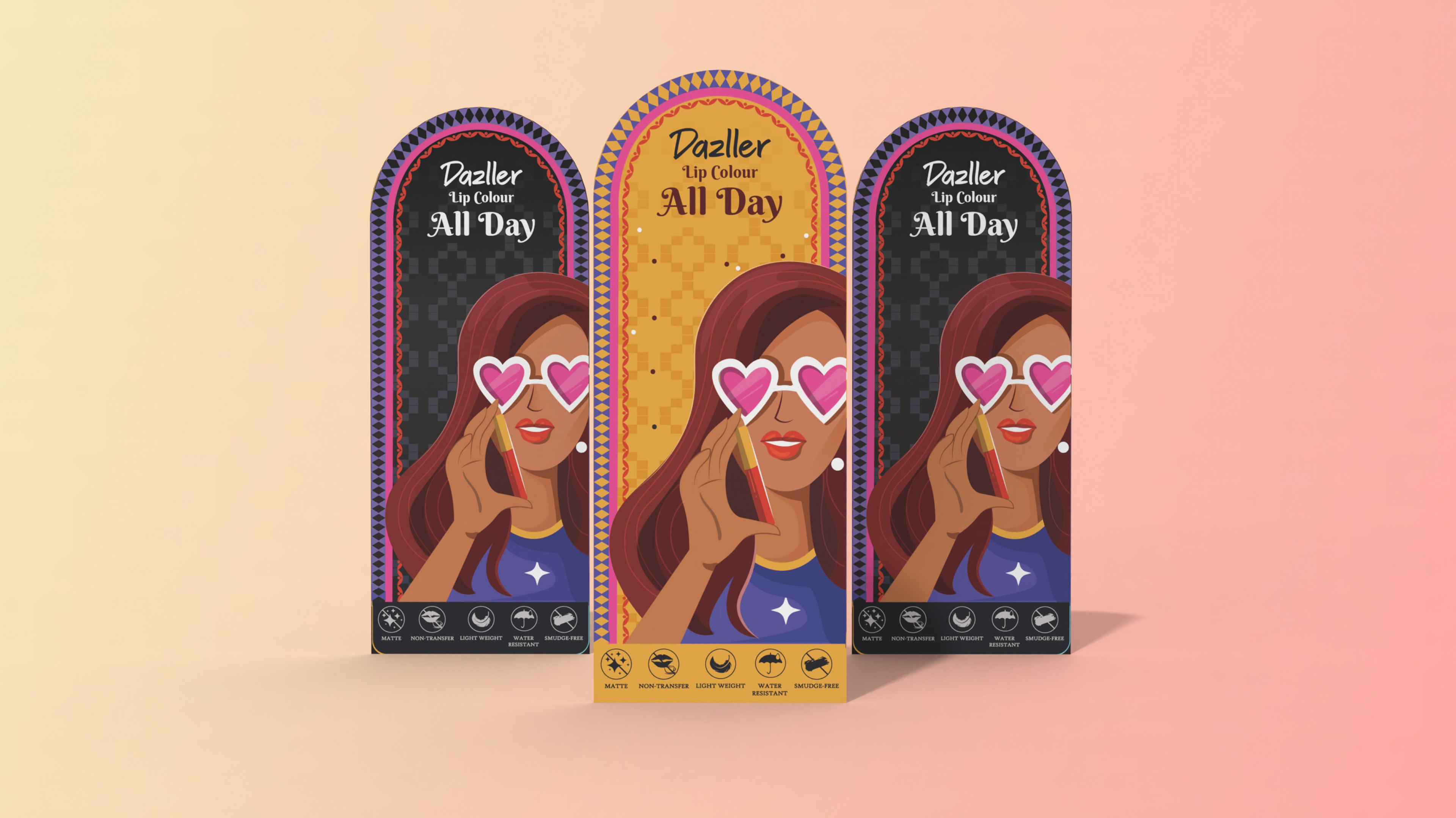 Dazller lip colour package design: three illustrated arched cartons on peach