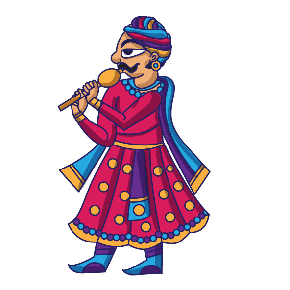 Kesar sweet shop space branding in Phad painting style: Phad character: a man playing a flute
