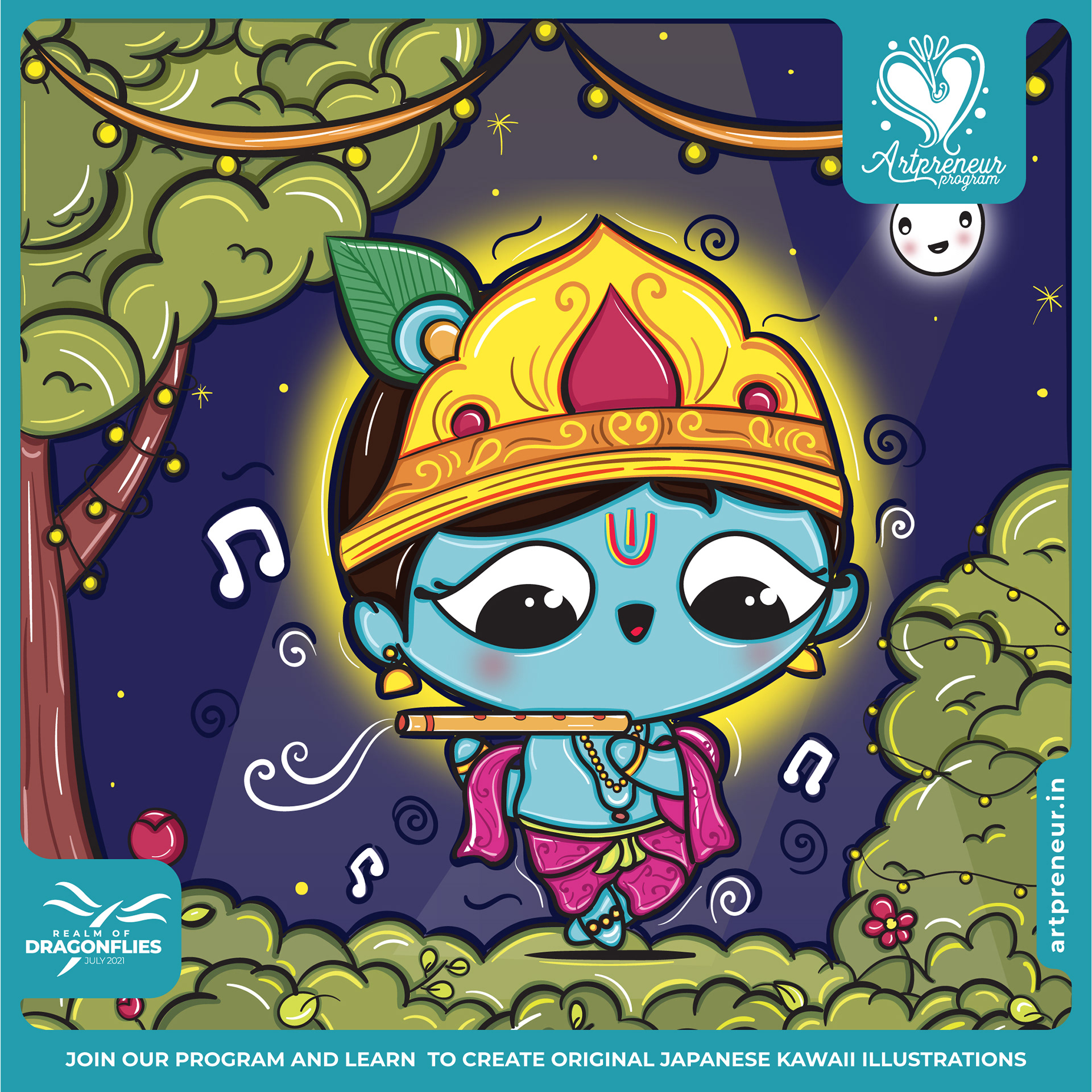30 kawaii cute illustrations: #30 Little Krishna under the moon