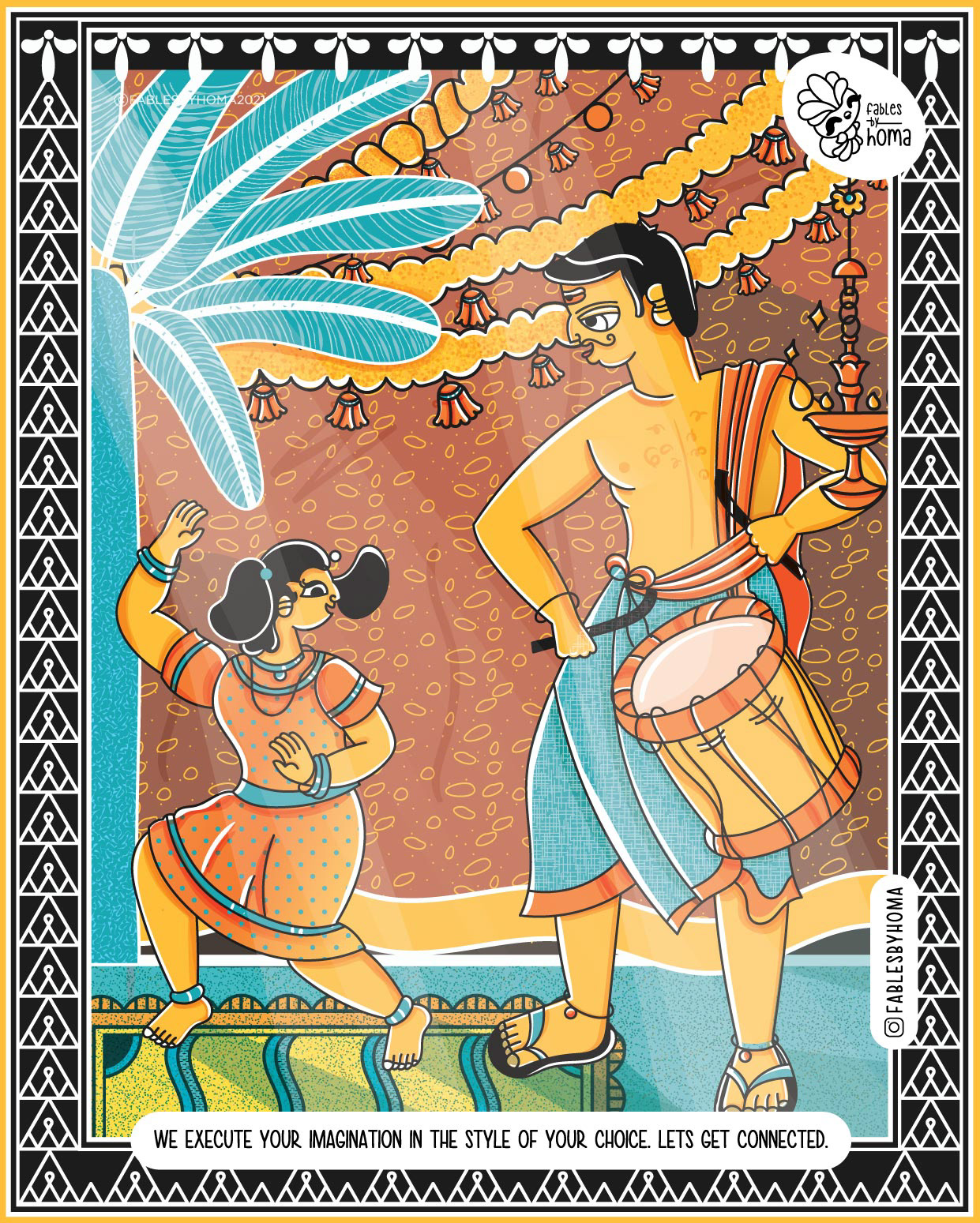 Epiphany Madhubani experimental illustrations: #41 Colour artwork of a drummer and dancer