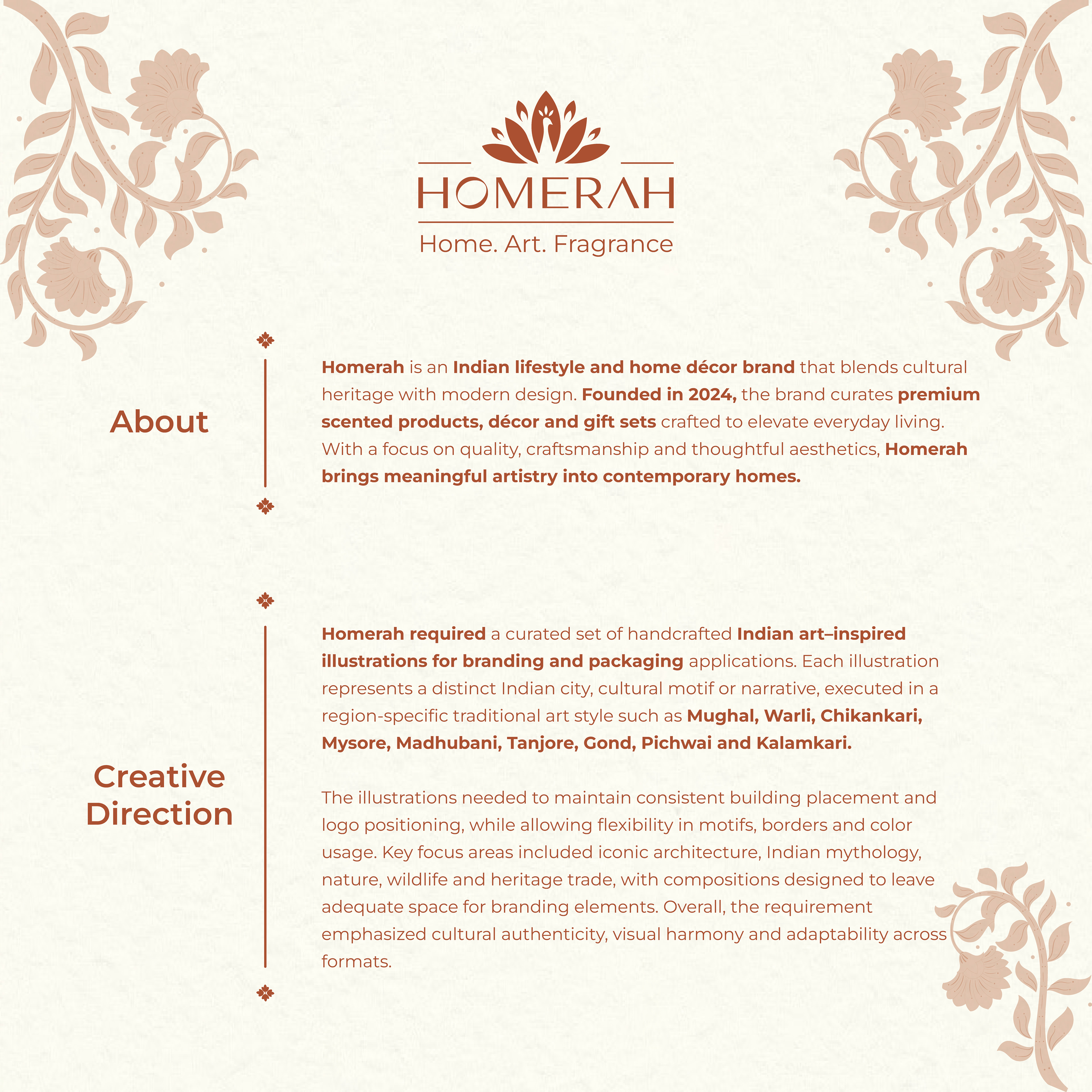 Homerah premium lifestyle candle and incense package design: about the brand and creative direction slide, package design by Atma Studios