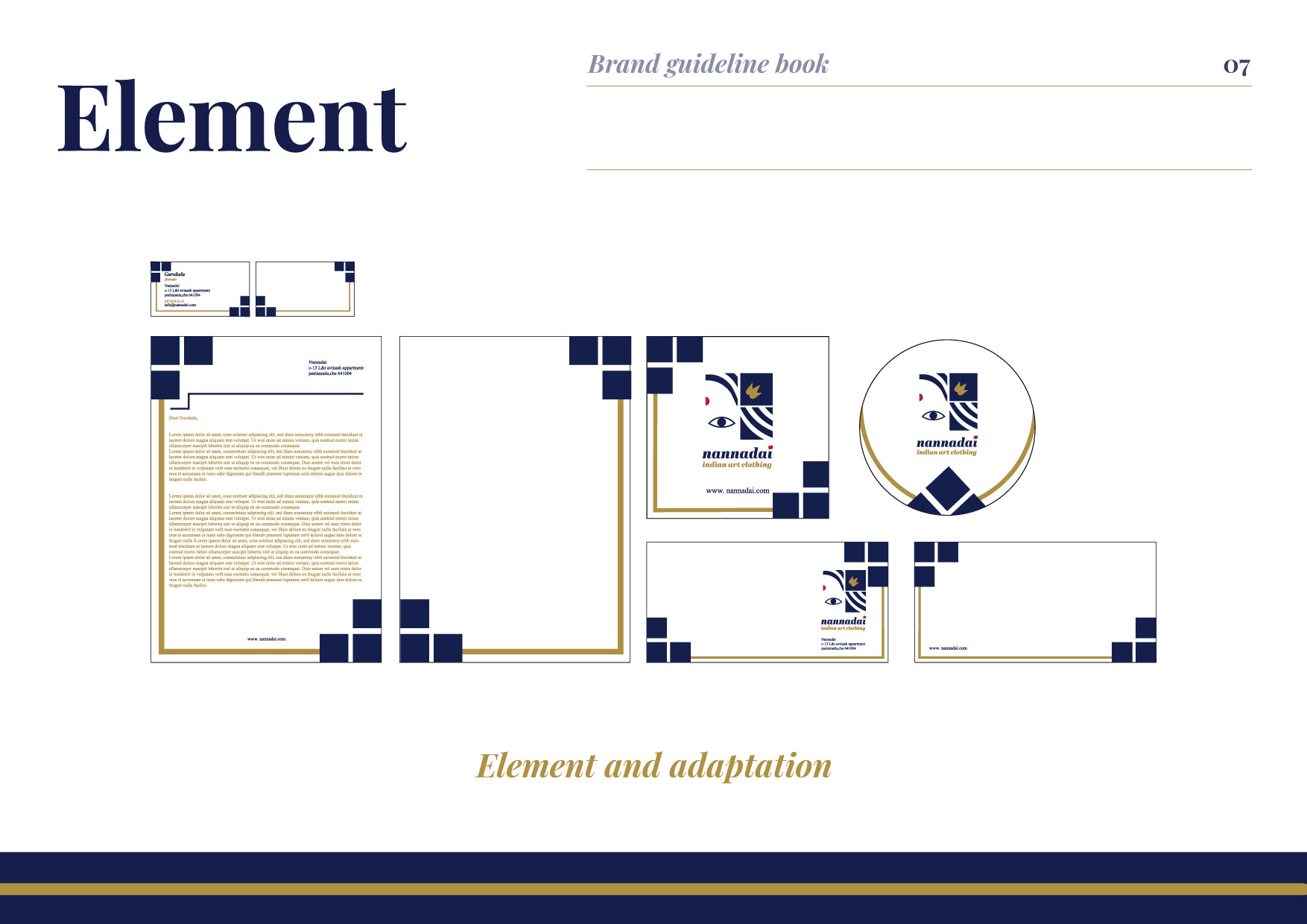 Nannadai Indian art clothing brand guideline book: brand element adaptation on stationery, option three