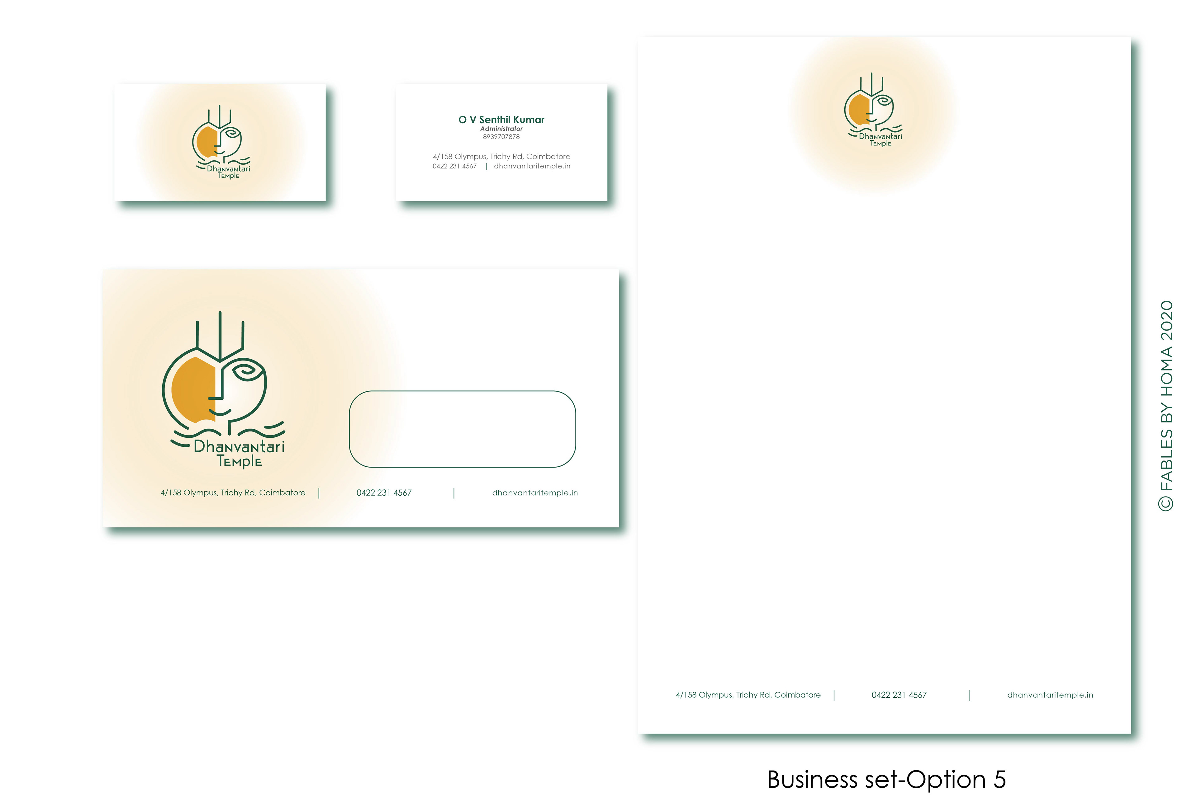 Dhanvantari Temple brand: business stationery set option 5 with letterhead, envelope and cards