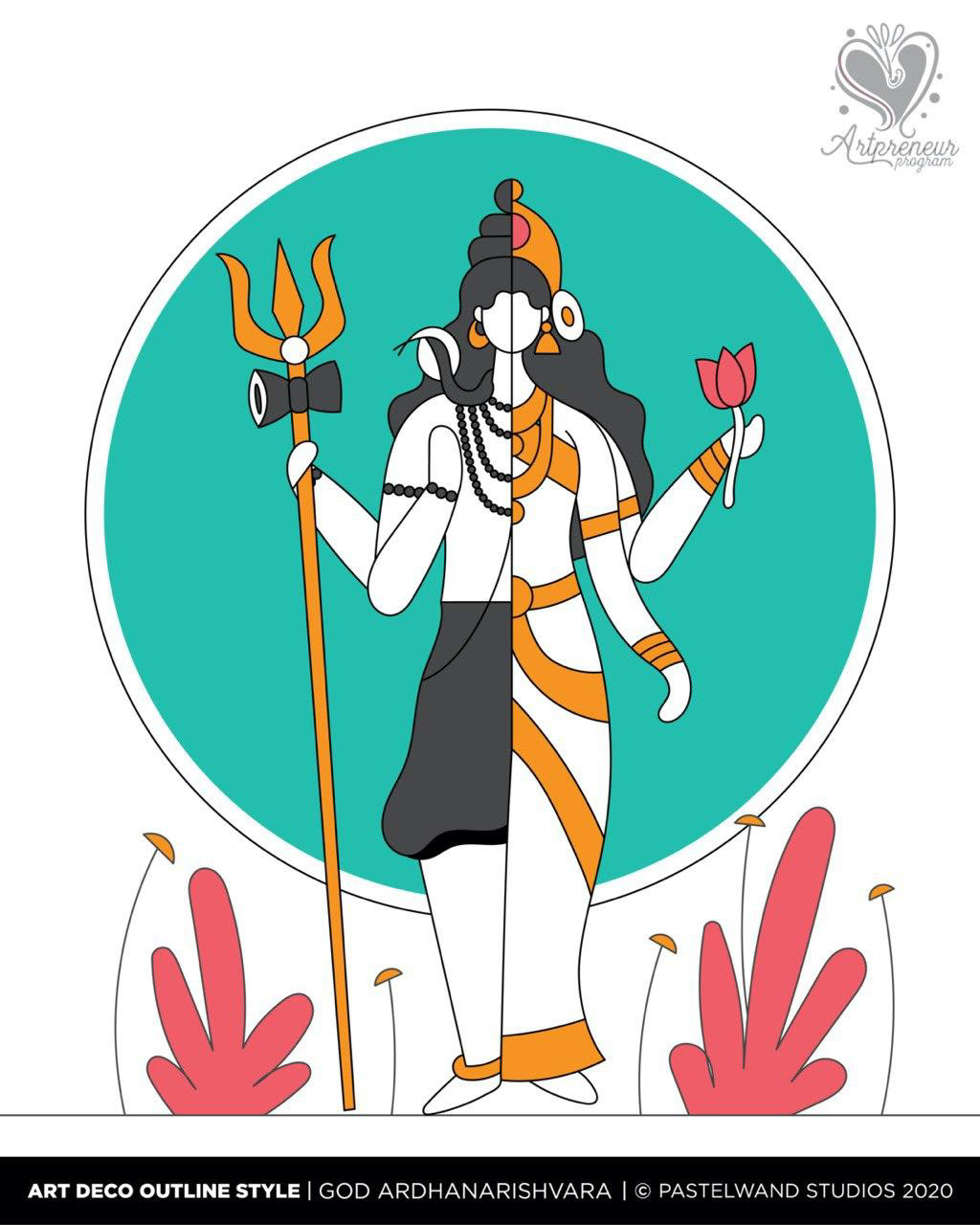 12 dimensions of Shiva in Art Deco outline style: #9 Ardhanarishvara