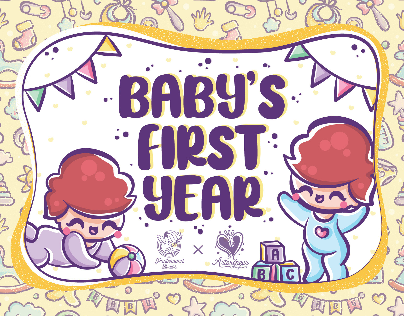 Baby's First Year milestone book: title illustration of two babies with bunting on a patterned yellow background, illustration by Atma Studios