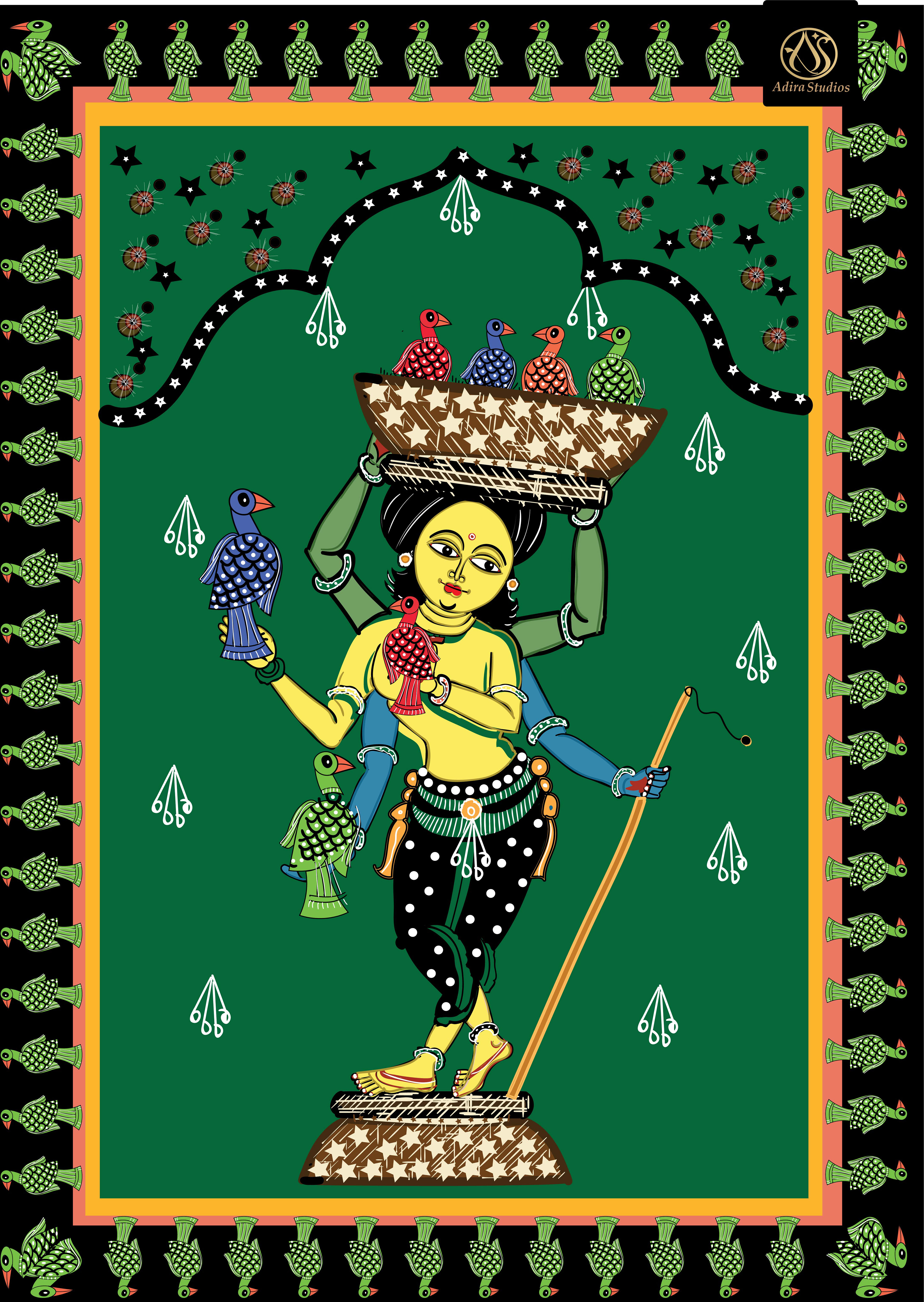 Creative Creatures, Tamil character illustrations: woman carrying a basket of fruit in folk style