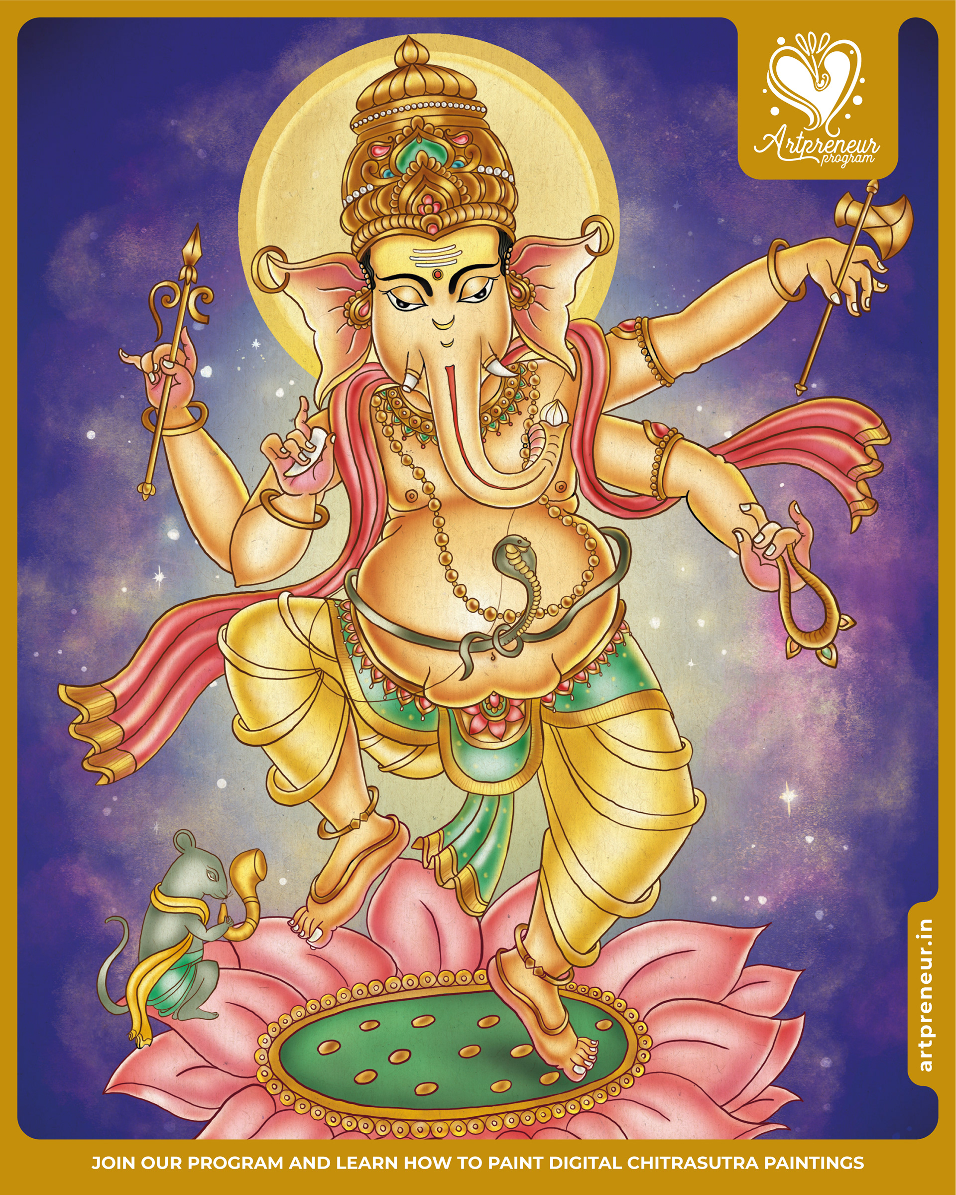 13 divine Chitrasutra illustrations collective 2021-22: #4 Lord Ganesha dancing on a lotus
