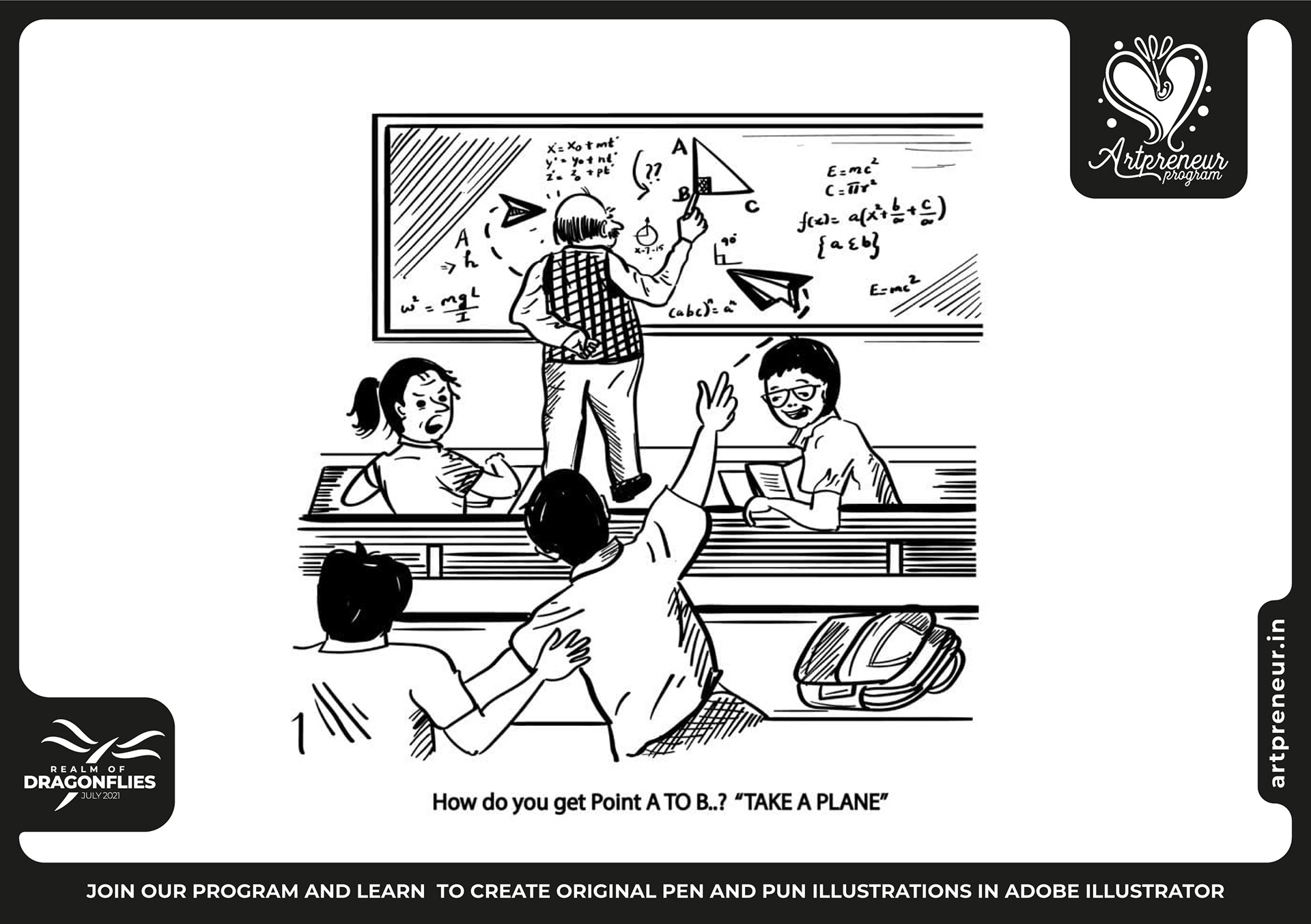 30 pen and pun comic cartoon illustrations: #27 Student caught on the blackboard