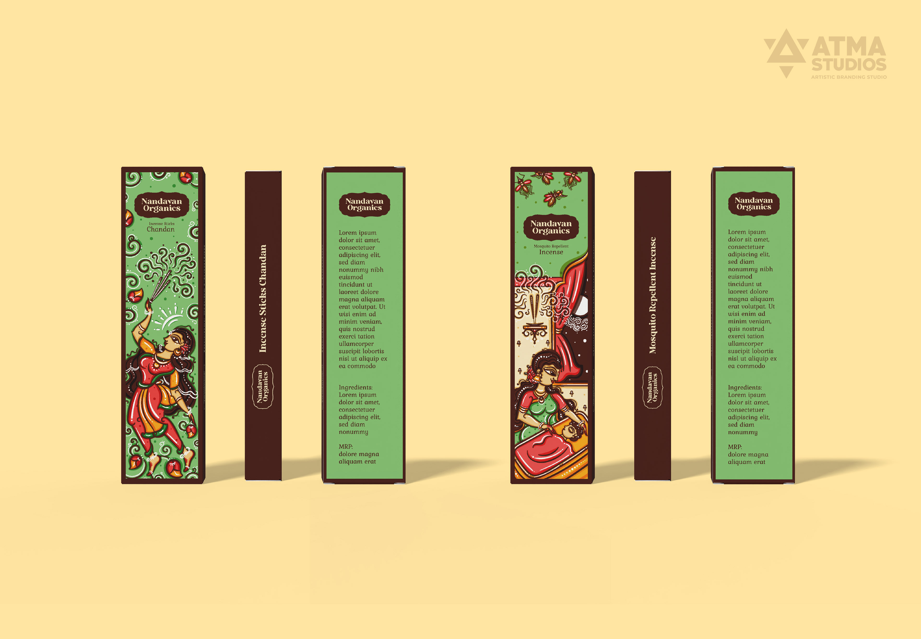 Nandavan Organics package illustrations in neo Bengal folk art: incense stick boxes front and side views