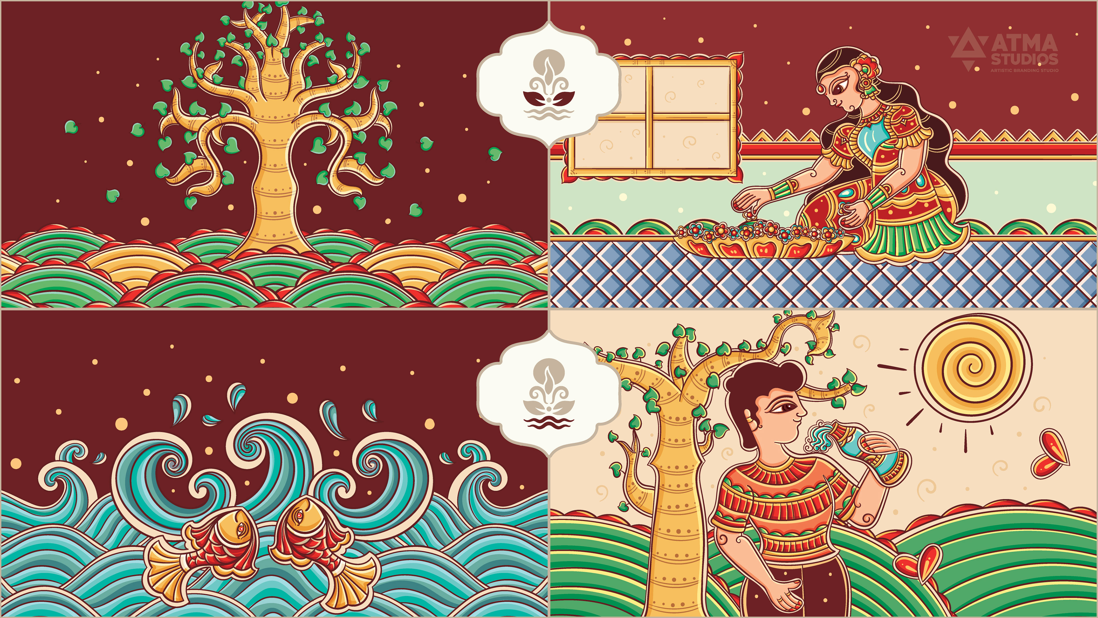 Ritualistic mindful essentials brand: package illustration panels with tree, waves and seated figures