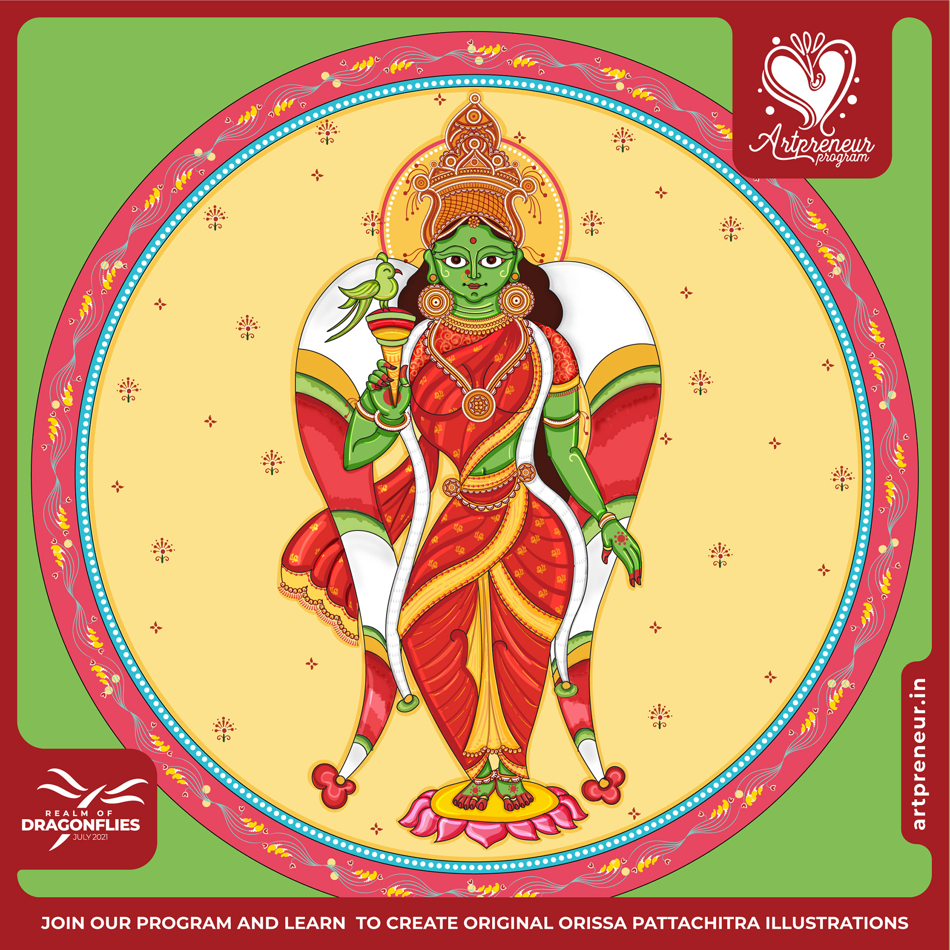30 Orissa Pattachitra Indian folk illustrations: #20 Goddess with green face