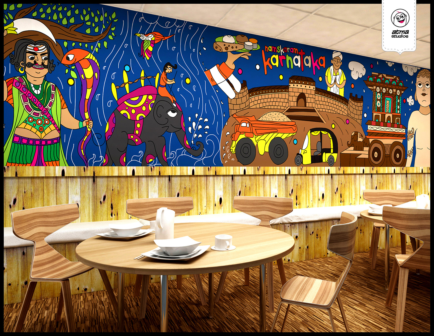Bangalore office space interior brand illustrations: cafeteria with the blue Yakshagana mural