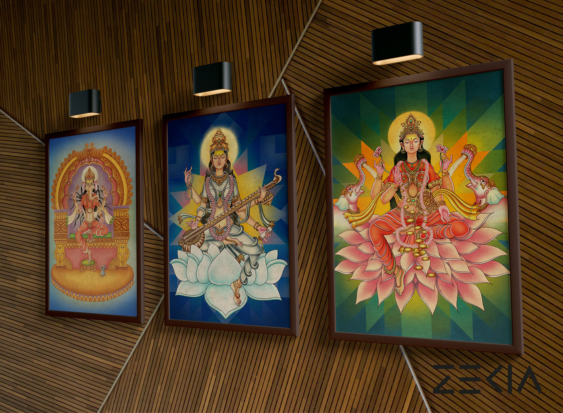 Indian goddesses in Chitrasutra art form: #4 Three framed goddess prints on a gallery wall