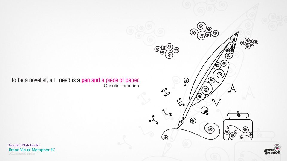 Gurukul Notebooks brand: brand visual metaphor 8, a swirl line illustration of a quill and inkpot with a quote on writing
