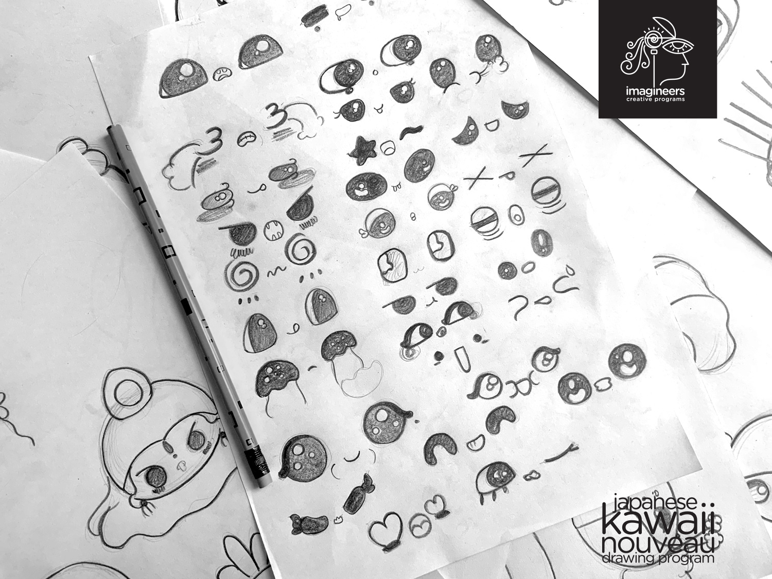 Japanese kawaii nouveau cute characters: #1 Sheet of kawaii character pencil sketches, Japanese kawaii nouveau characters by Atma Studios