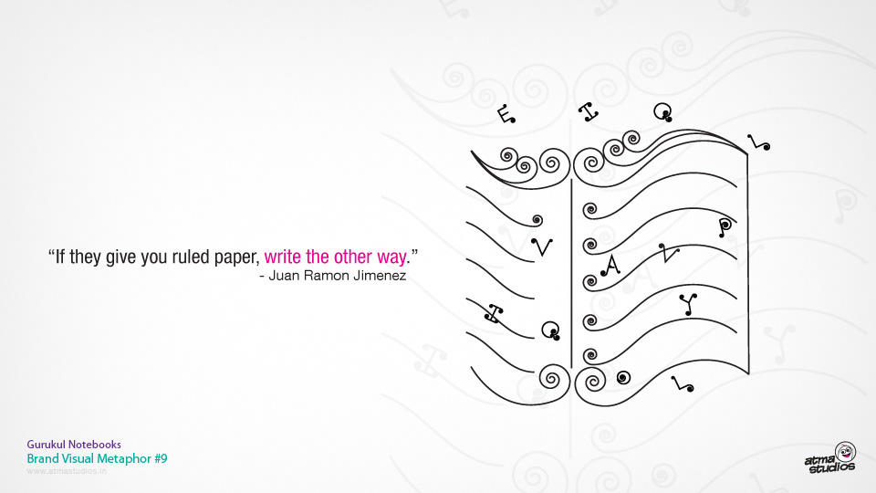 Gurukul Notebooks brand: brand visual metaphor 9, a swirl line illustration of ruled paper with a quote on writing