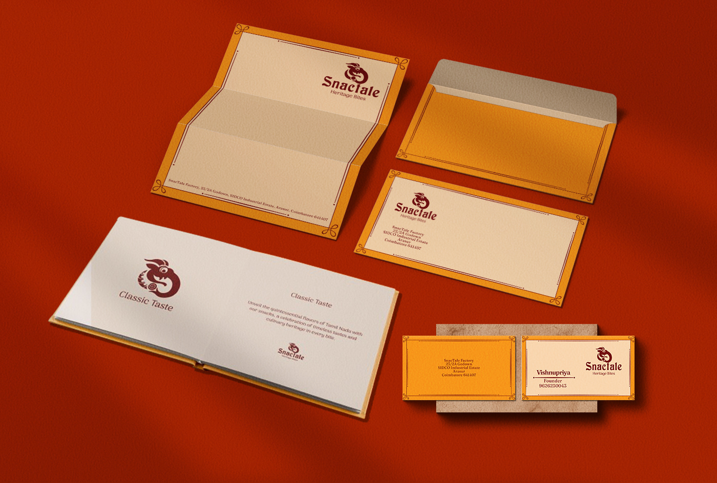 Snactale heritage snack bistro brand: stationery set with letterhead, envelopes and business cards