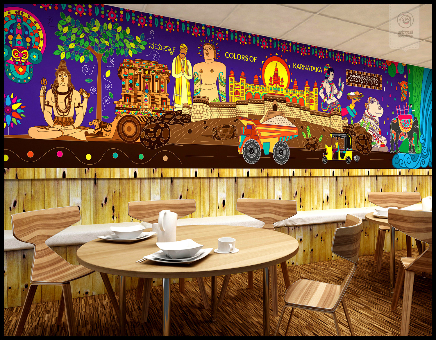 Bangalore office space interior brand illustrations: cafeteria with the Karnataka culture mural above wooden panels