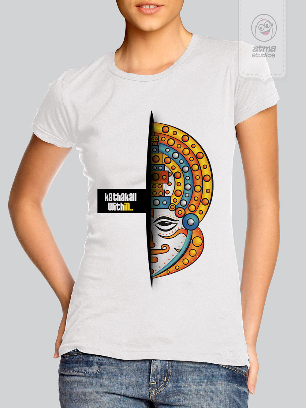 Kerala T-shirt designs 2013: woman wearing the white Kathakali Within T-shirt