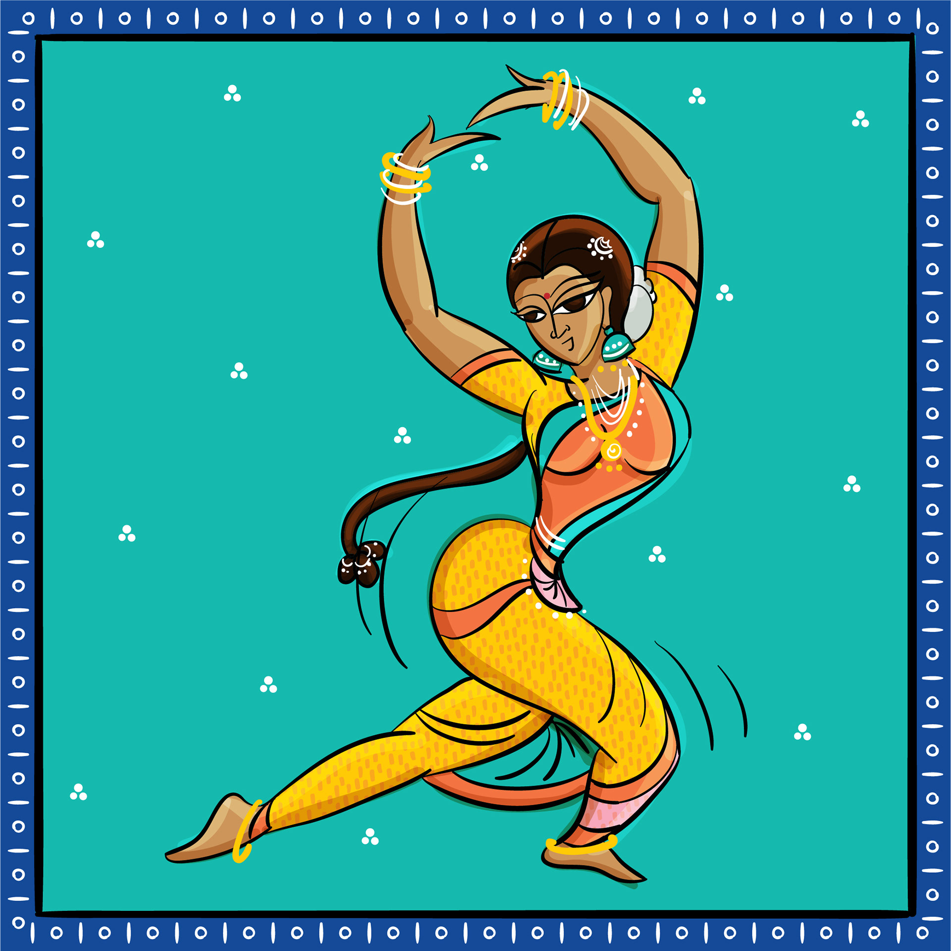 Bengal Pattachitra dancers: #17 Classical Indian dancer on a teal background