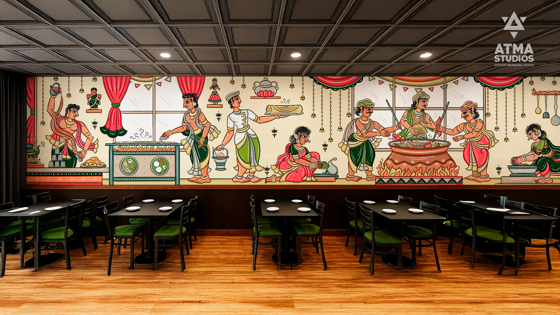 India Spice House restaurant wall art in Cheriyal scroll style, USA: restaurant dining hall with a full-length folk art mural, wall art by Atma Studios