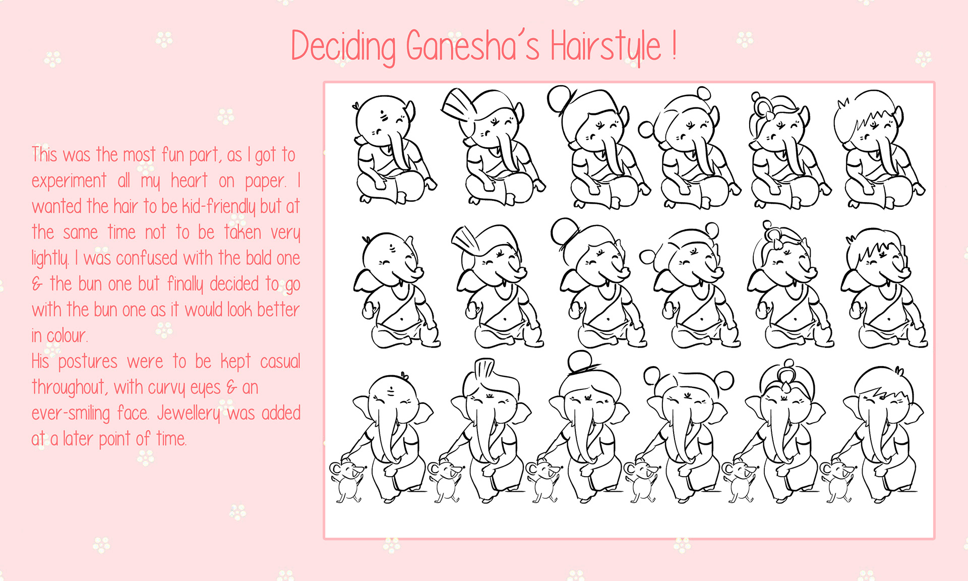 Kavan Celebrates Ganesh Chaturthi children's festival book: studying Ganesha's hairstyle sketches