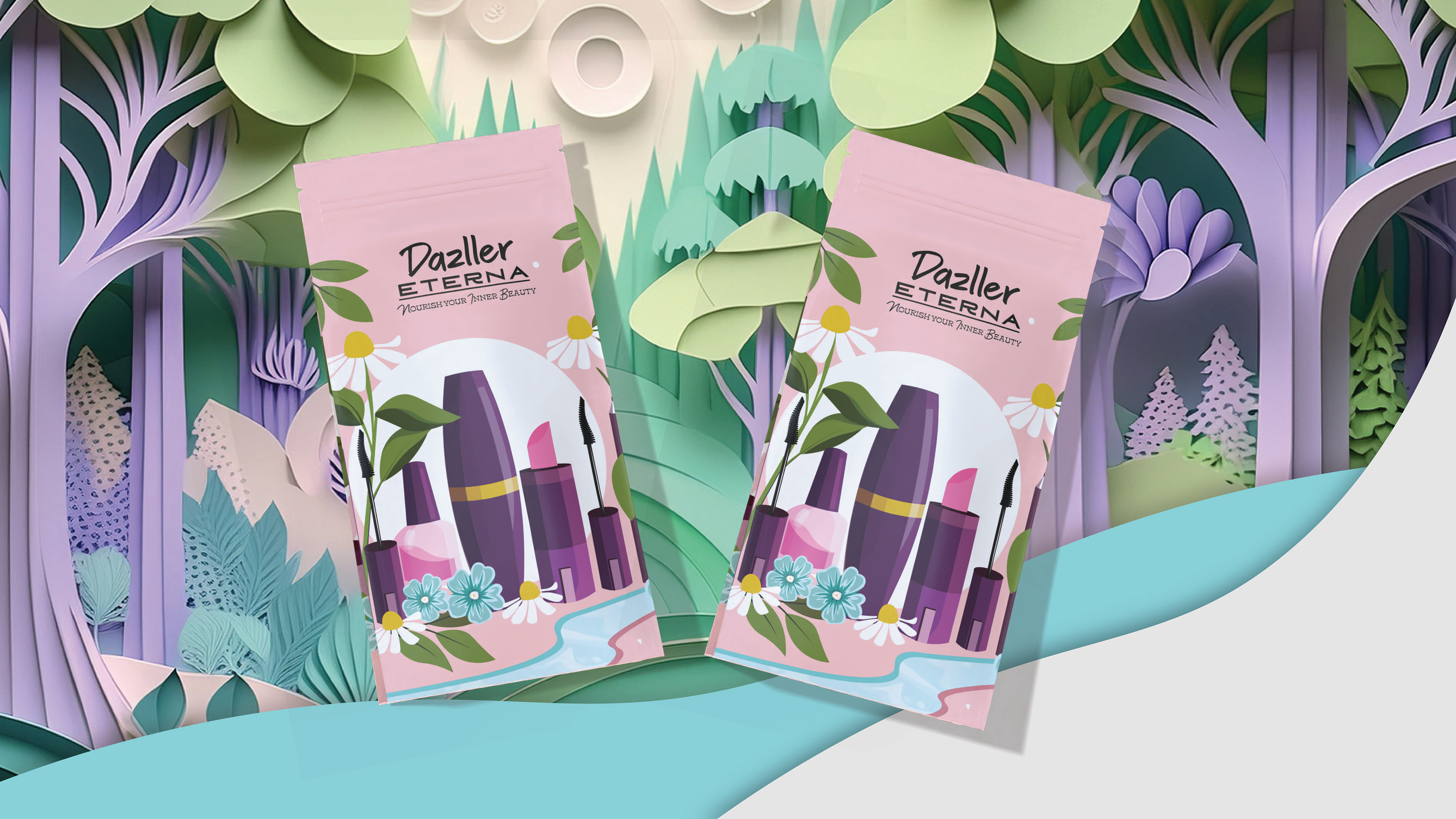 Dazller e-commerce pouch package design: lavender pouches in a paper-cut forest scene
