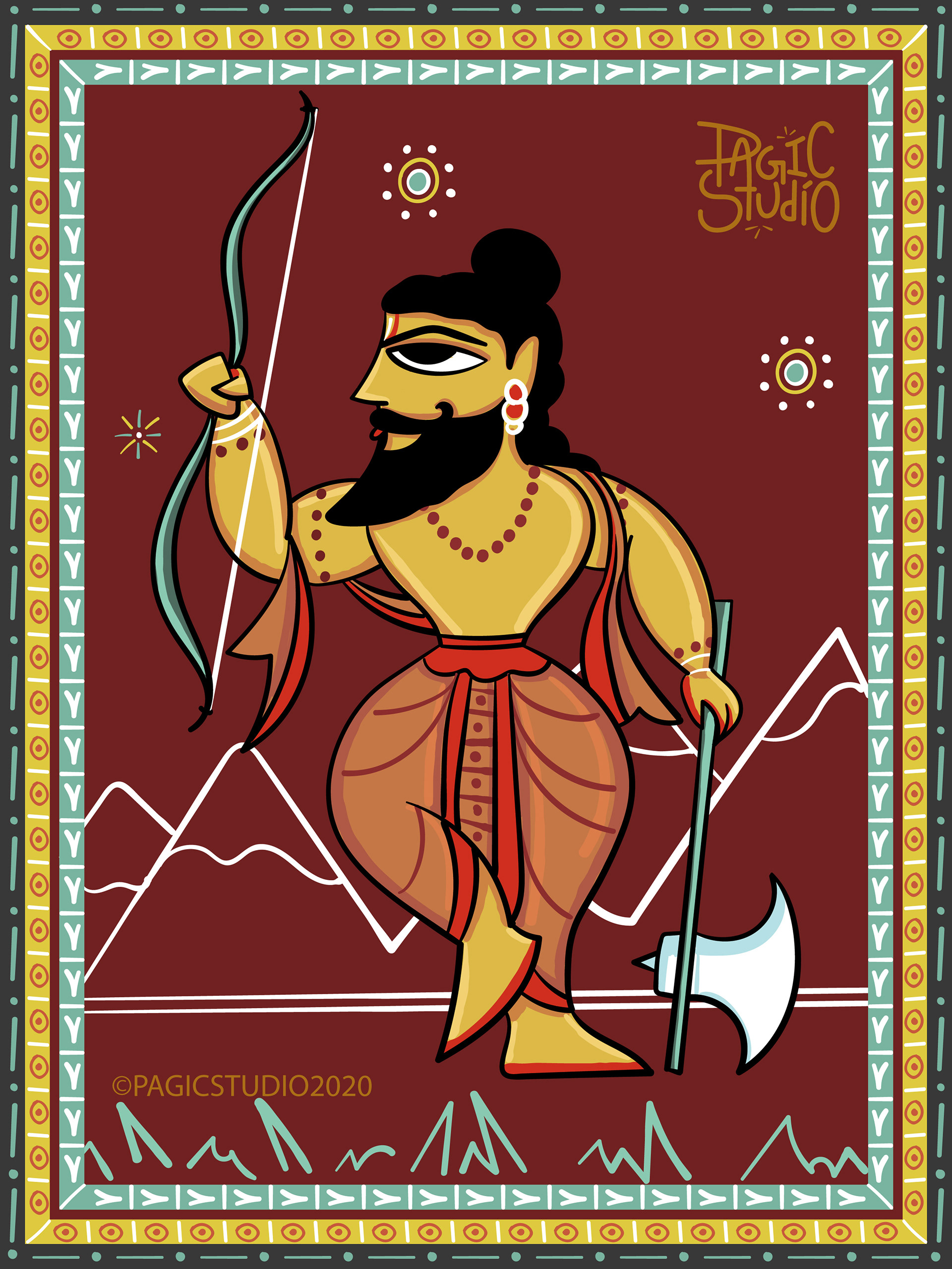 Dasavatara illustrations in Bengal Patua style: #6 Parashurama with his axe