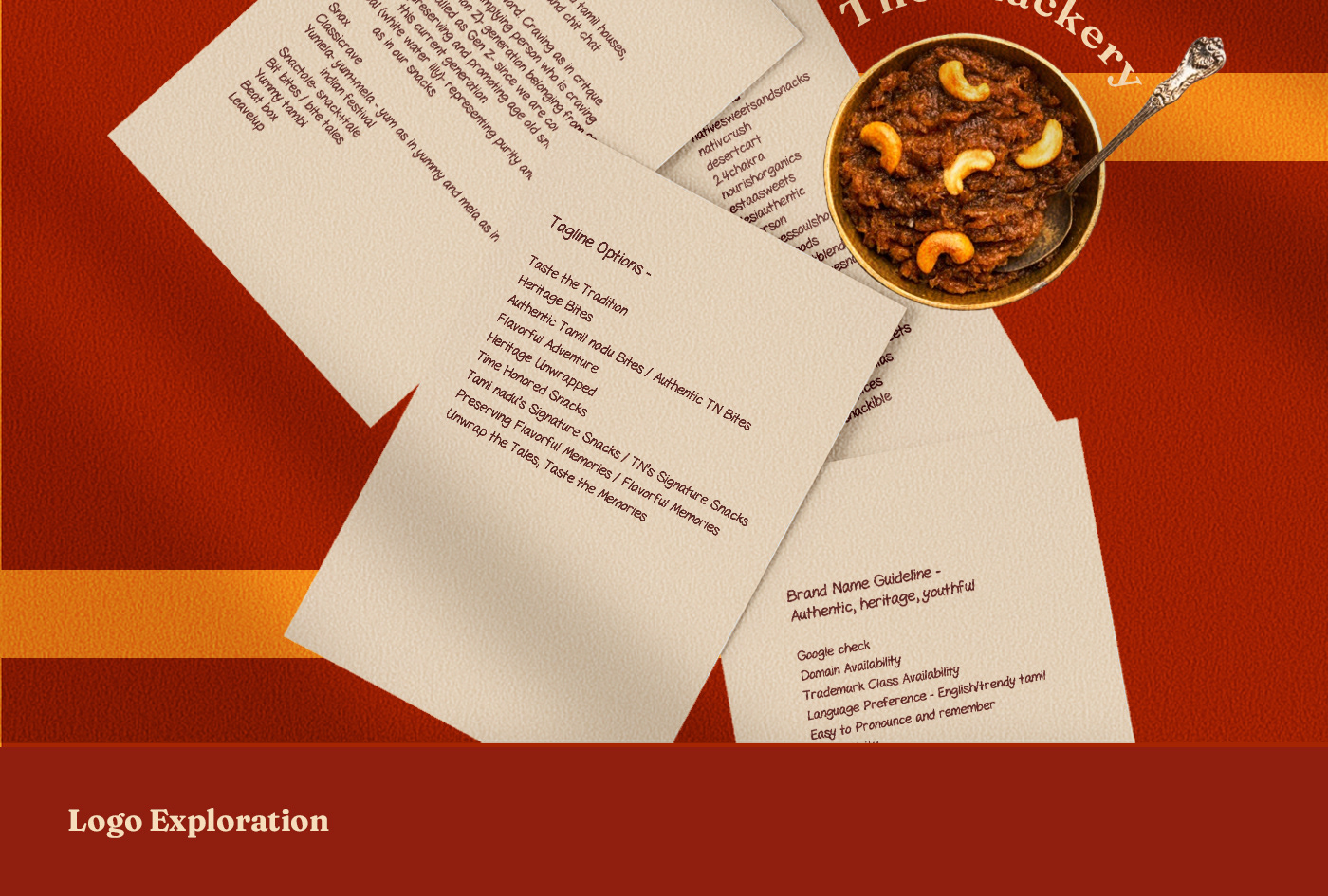 Snactale heritage snack bistro brand: naming notes on paper beside a bowl of snacks