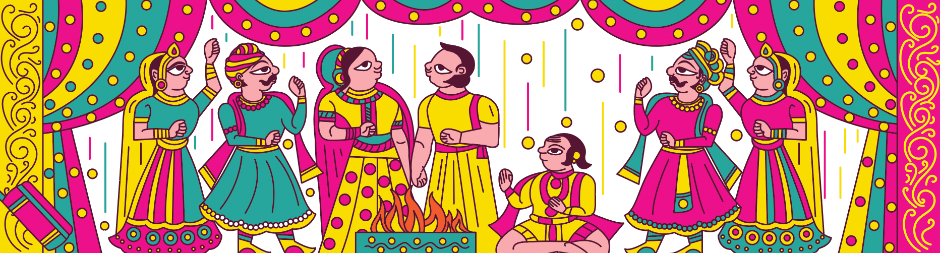 Kesar sweet shop space branding in Phad painting style: coloured wall panel with musicians and dancers