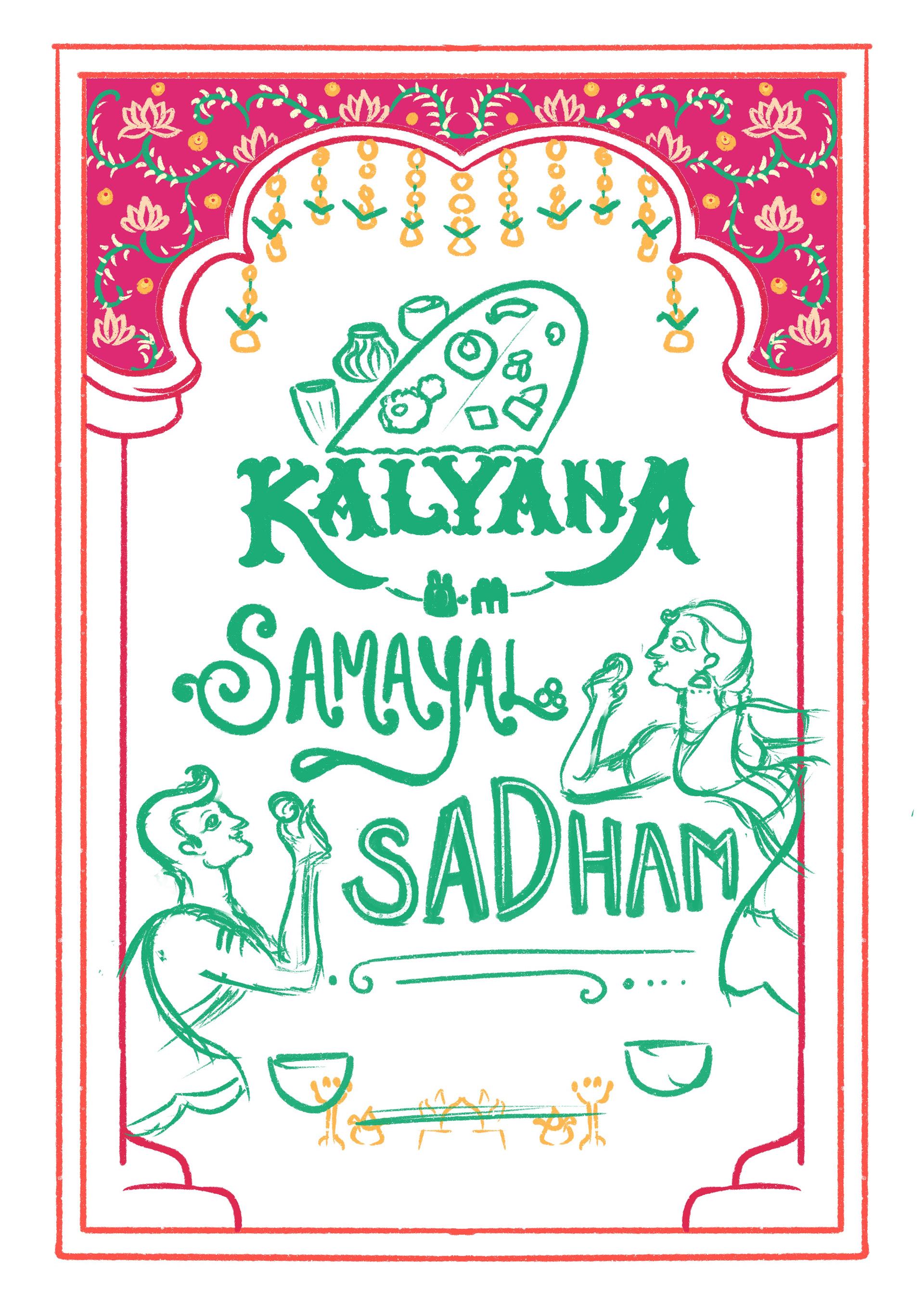 Indian illustrative hand lettering for weddings: Kalyana Samayal Sadham sketch of a couple sharing a meal
