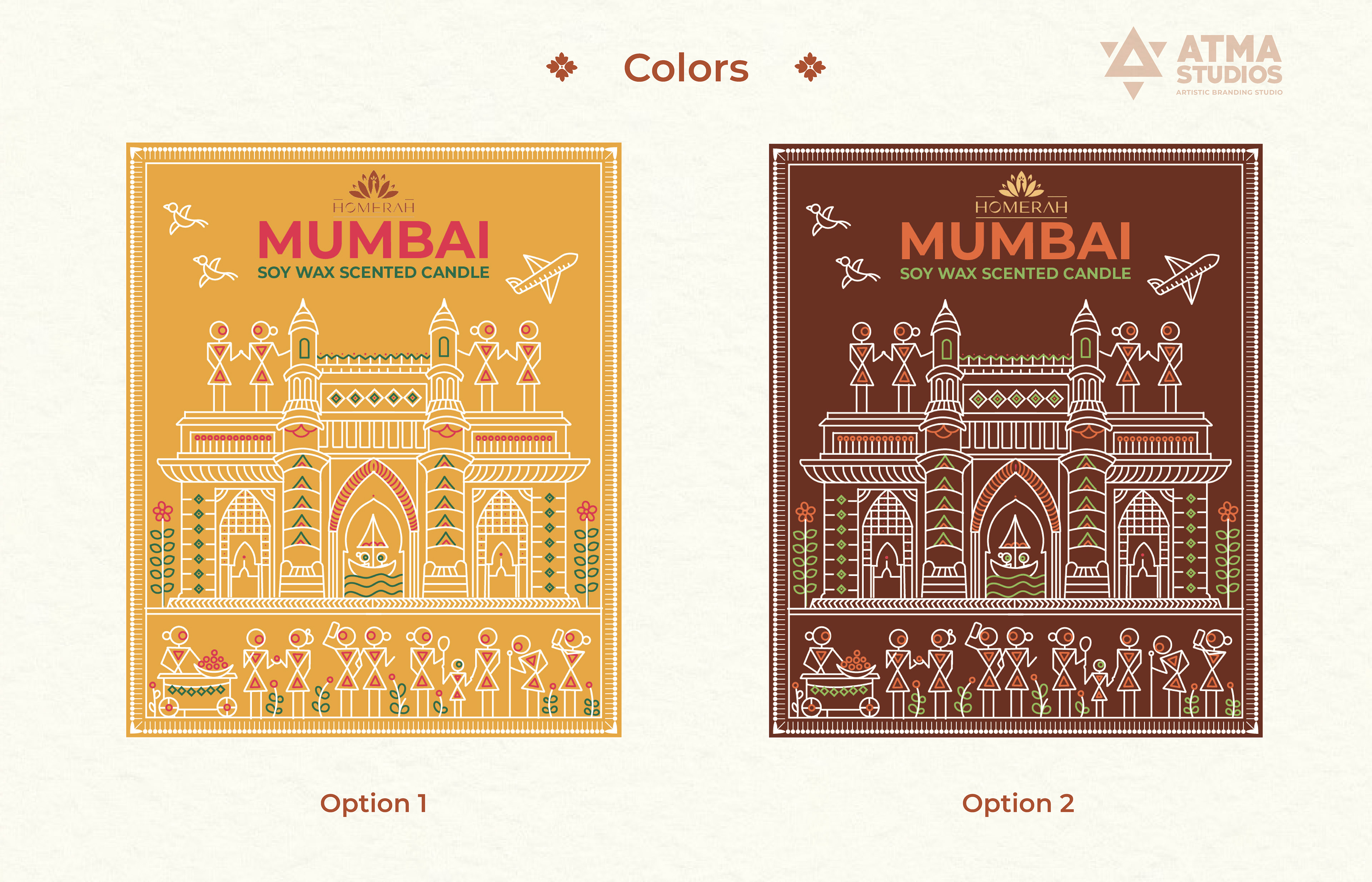 Homerah premium lifestyle candle and incense package design: Mumbai label colour options in two colourways