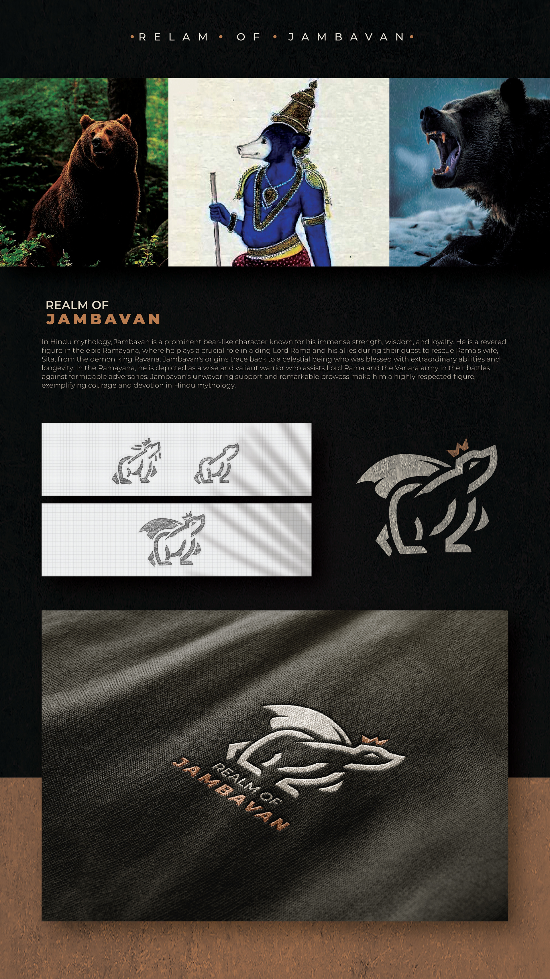 Artpreneur program sub-brand logo set inspired by Indian mythical creatures: realm of Jambavan: bear references, sketches and the final line logo on fabric