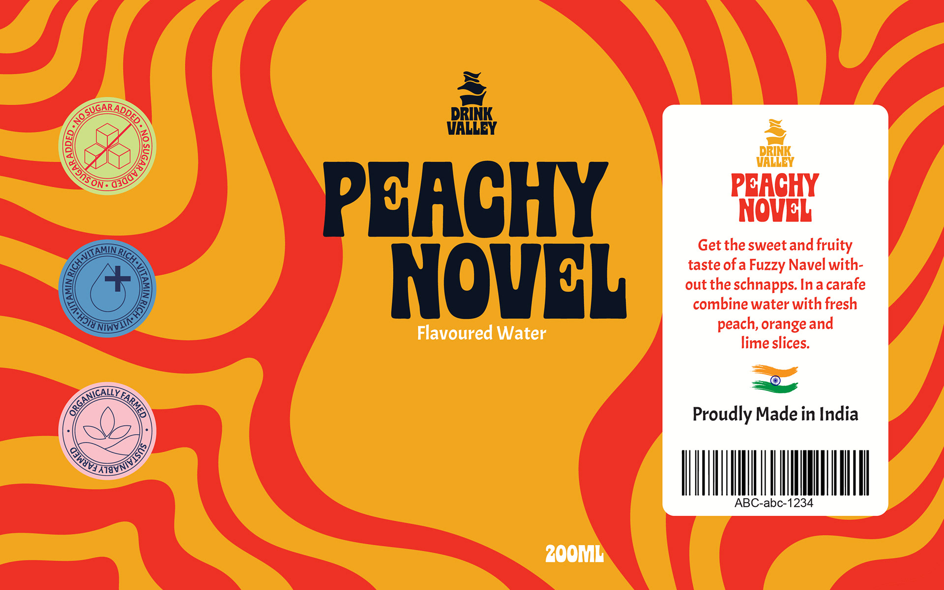 Drink Valley flavoured soda can branding and packaging: Peachy Novel can label with swirl pattern