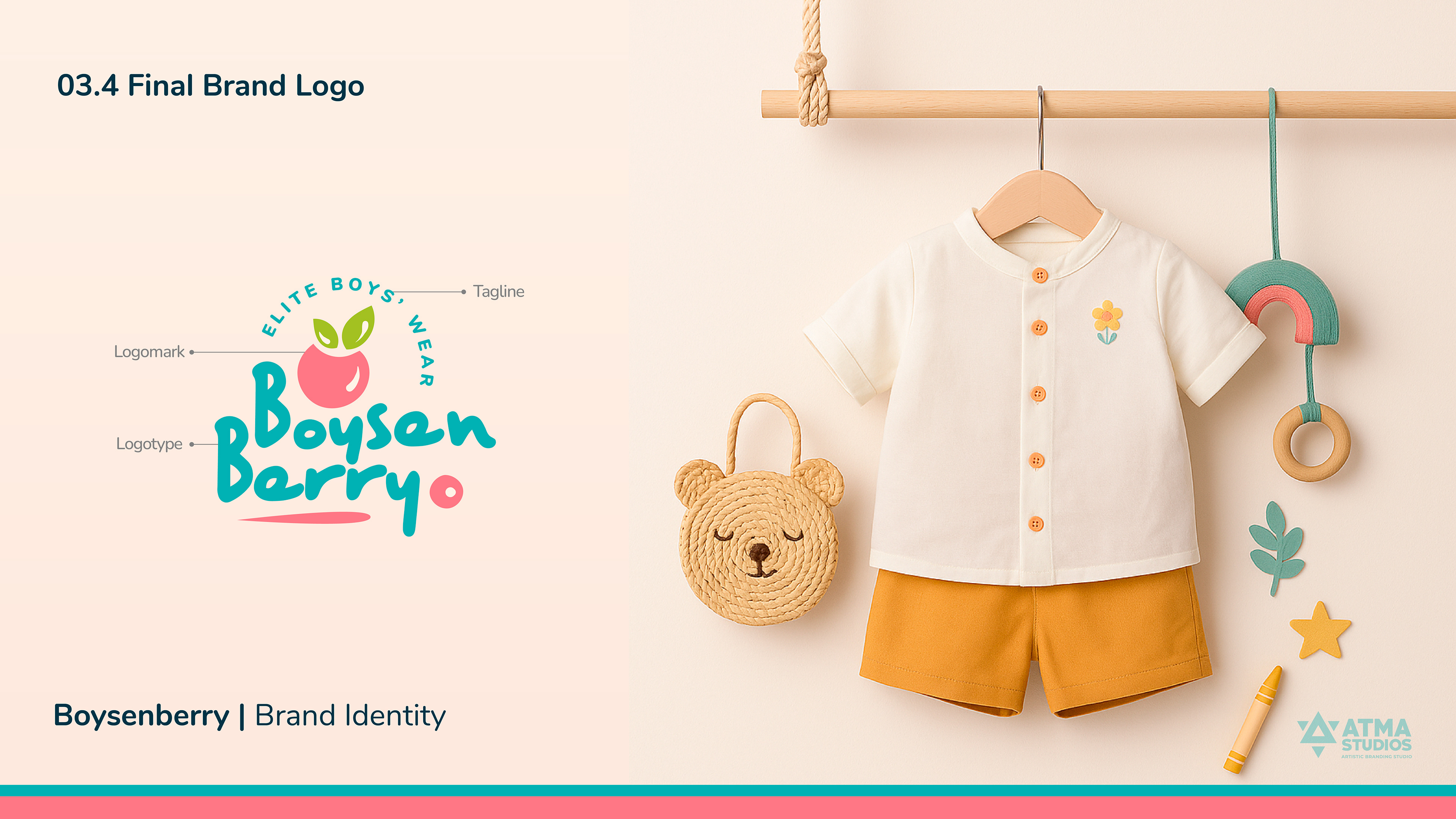 Boysenberry boys clothing brand: final brand logo beside a kids shirt and shorts on a hanger
