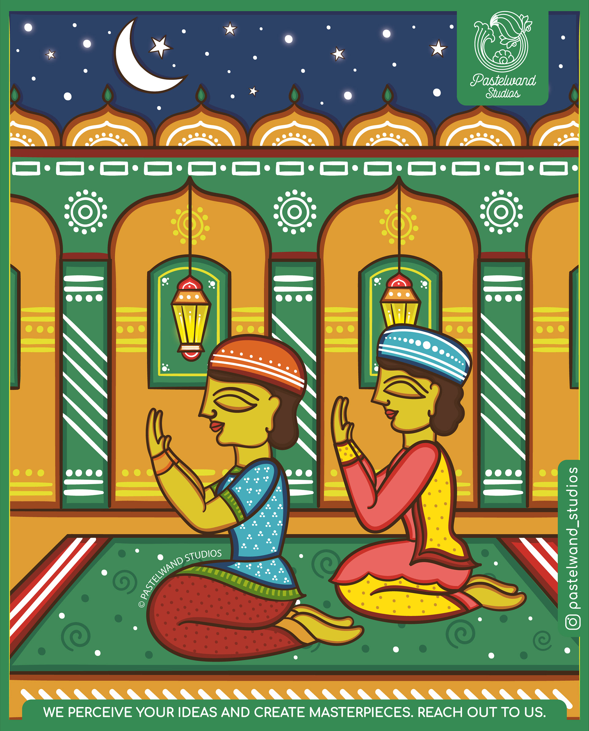 International festivals in Bengal Pattachitra style: Ramadan night prayers under arches