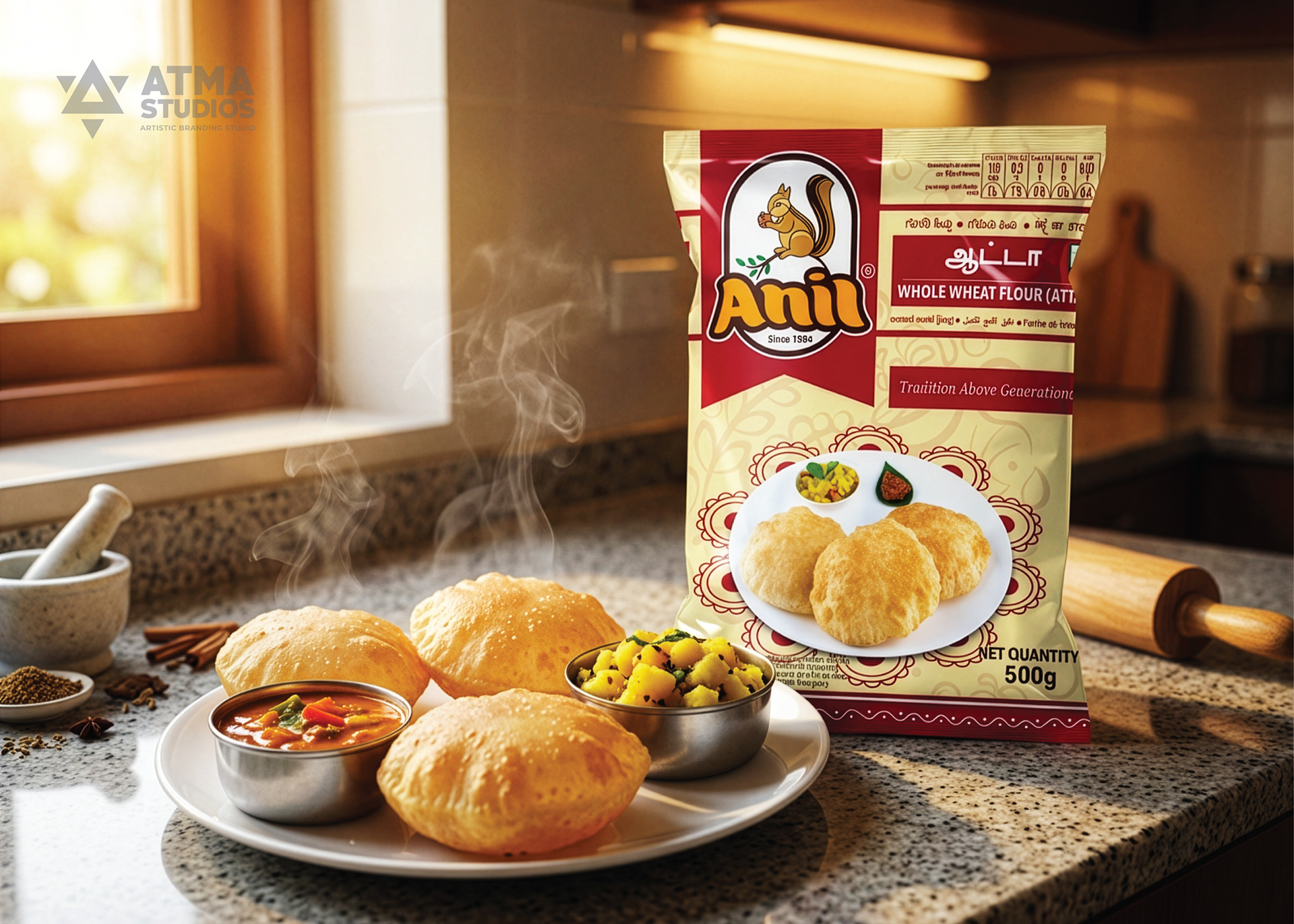 Anil Foods rebranding: wheat flour pack mockup with pooris and potato curry