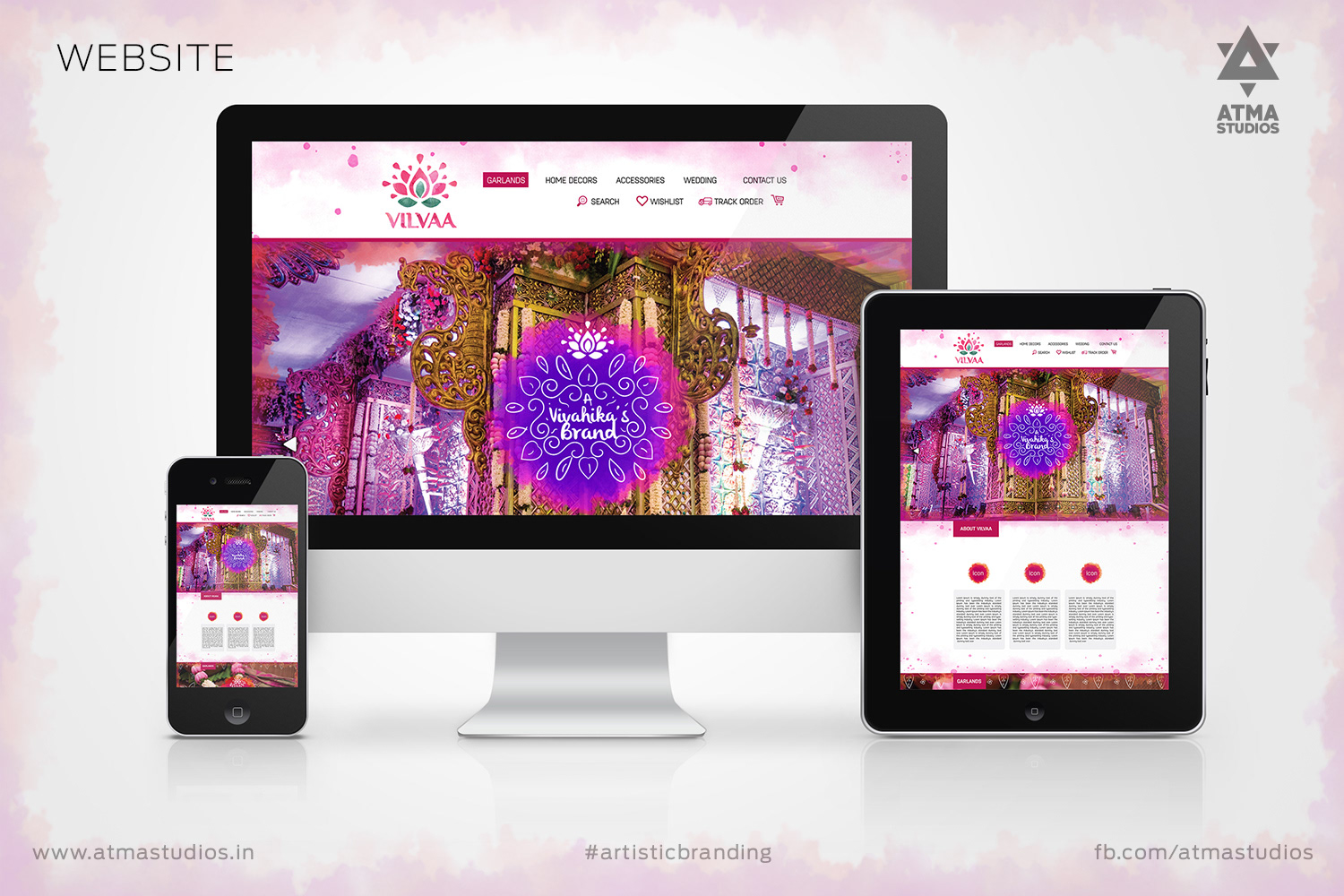 Vilvaa online garland store brand: website design shown on desktop, tablet and phone
