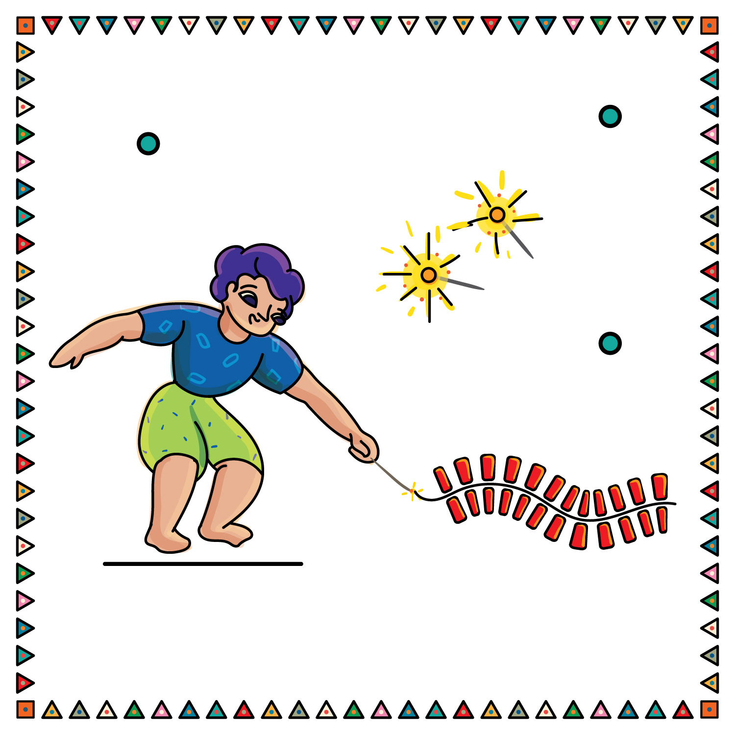 Sweet Kadai Diwali package illustration: boy lighting a string of crackers
