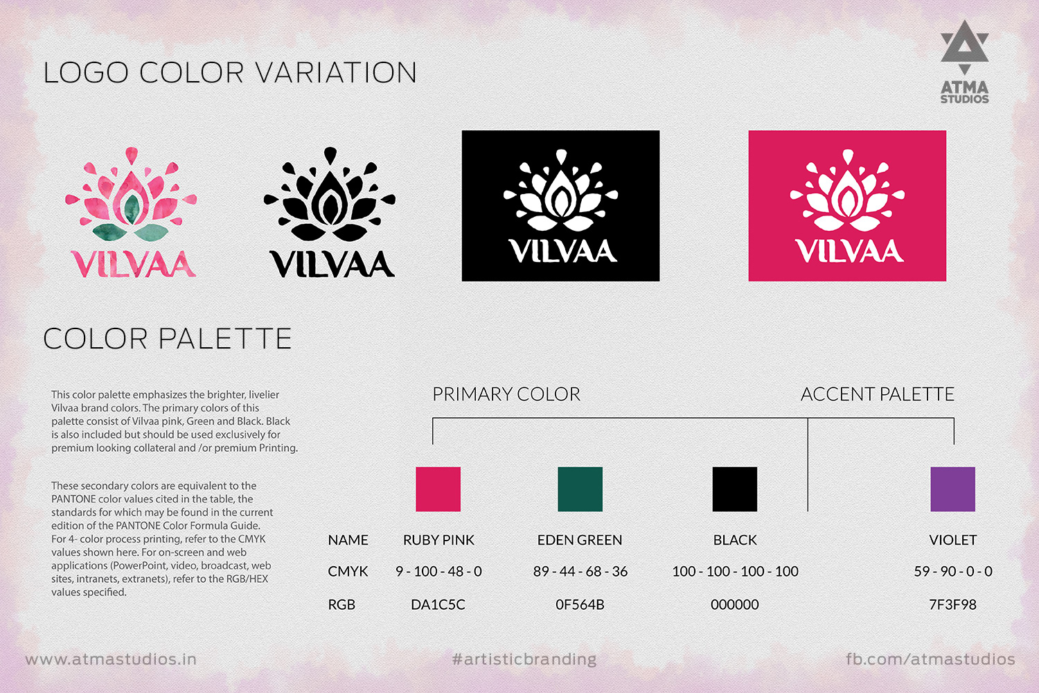 Vilvaa online garland store brand: logo colour variations and colour palette